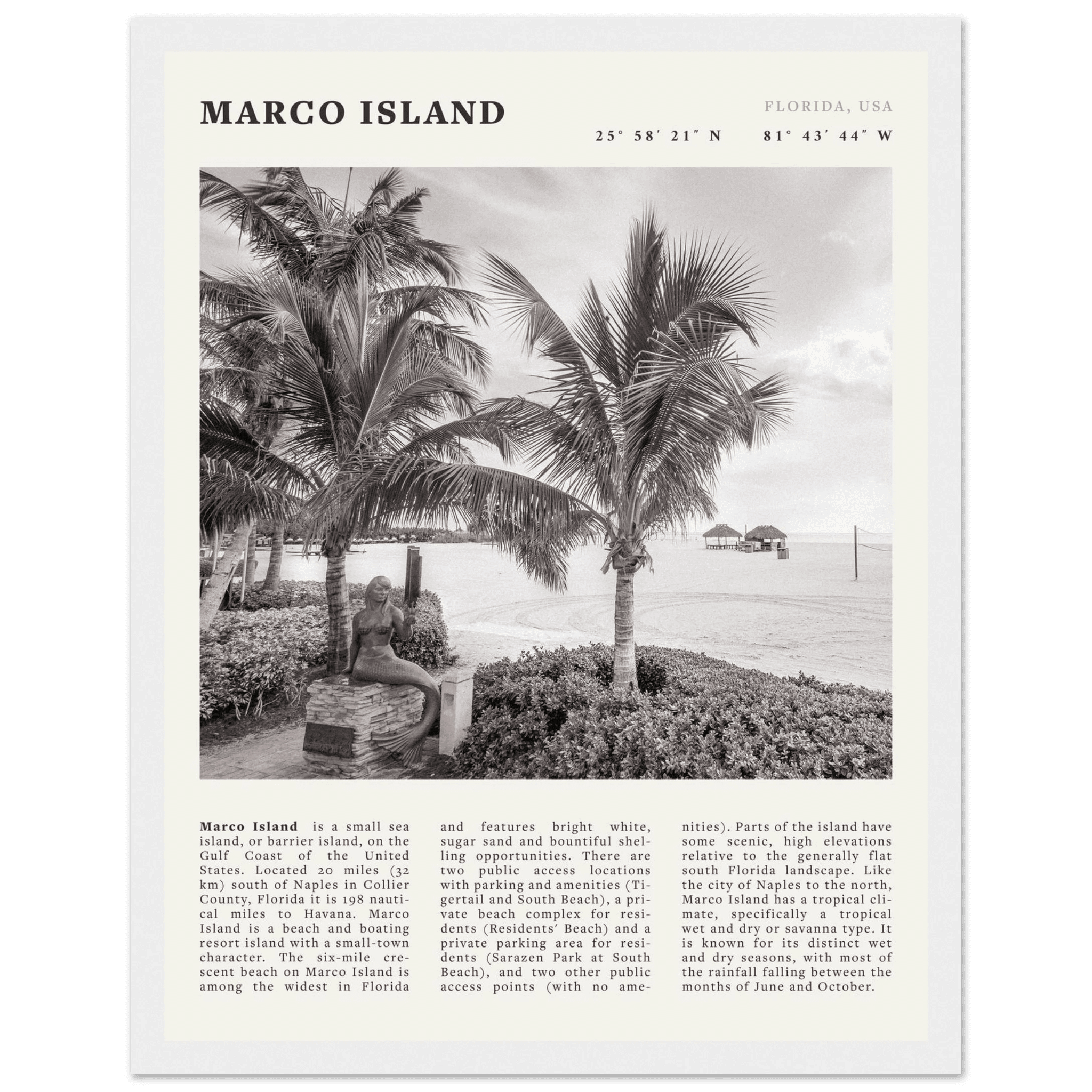 Marco Island Poster | Black & White Florida Beach Wall Art | Coastal Travel Print - Evergreen Posters