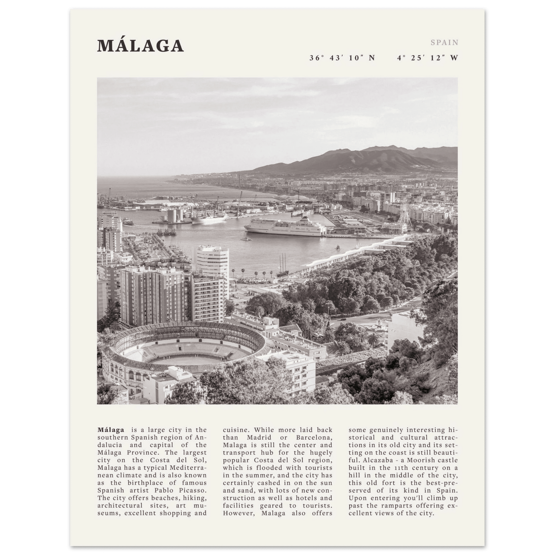 Málaga Poster | Black & White Costa del Sol Wall Art | Spain Travel Print - Evergreen Posters
