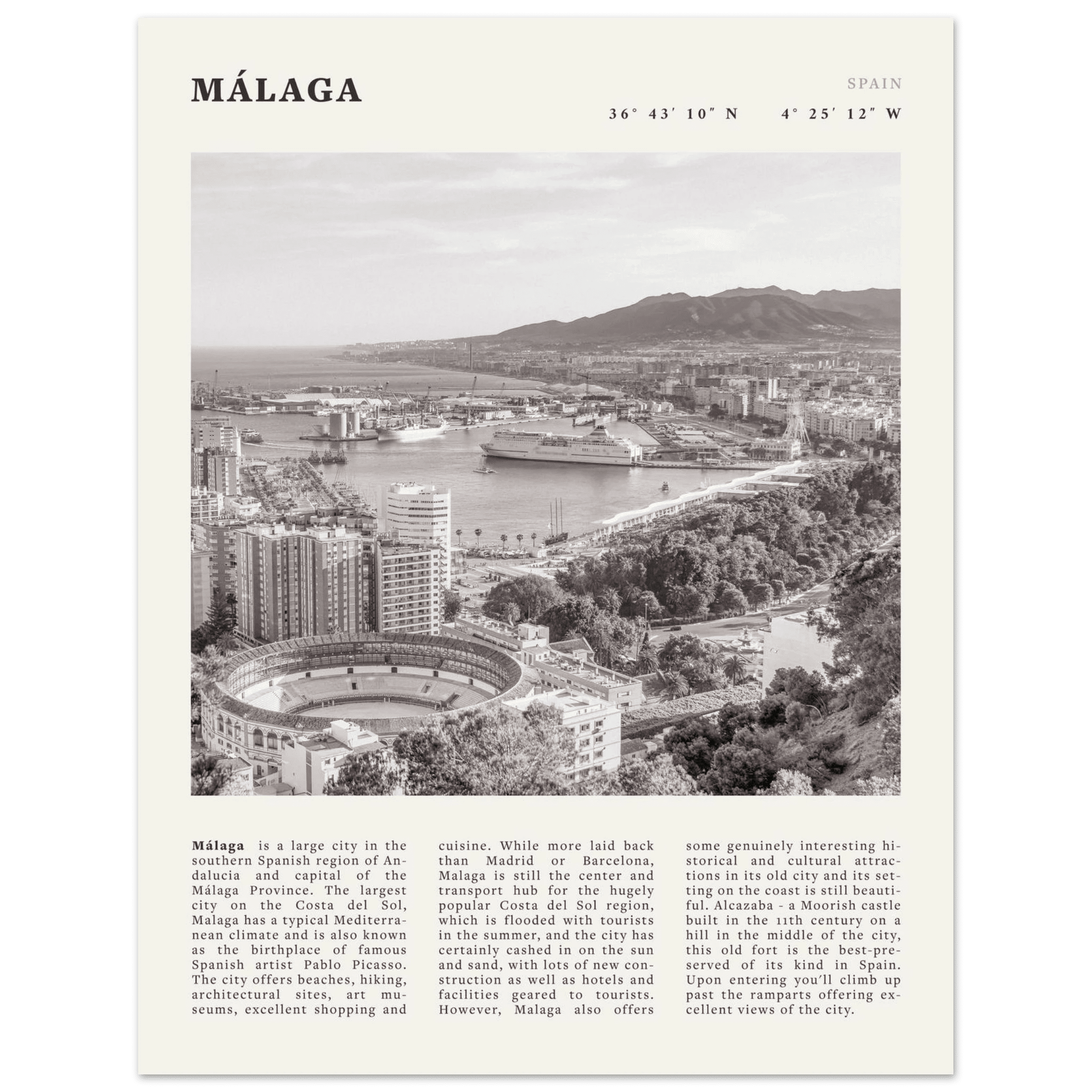 Málaga Poster | Black & White Costa del Sol Wall Art | Spain Travel Print - Evergreen Posters