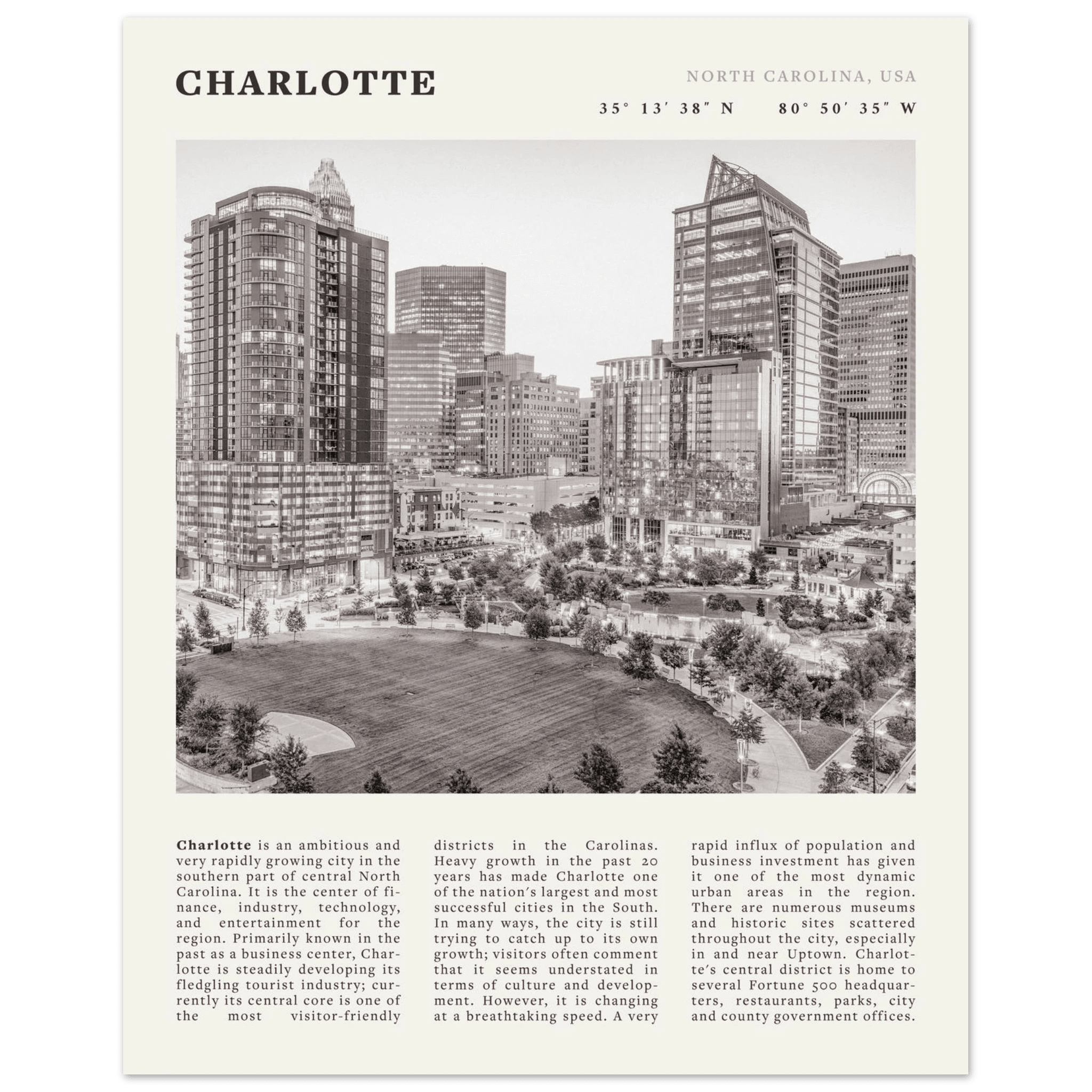 Charlotte Poster | Black & White North Carolina Skyline Wall Art | NC Travel Print - Evergreen Posters