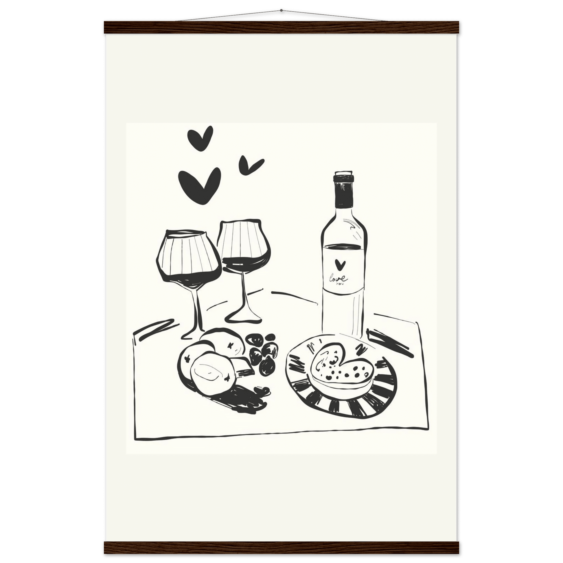 Wine for Two Print | Black Line Art Romantic Kitchen Wall Art | Couples Poster - Evergreen Posters