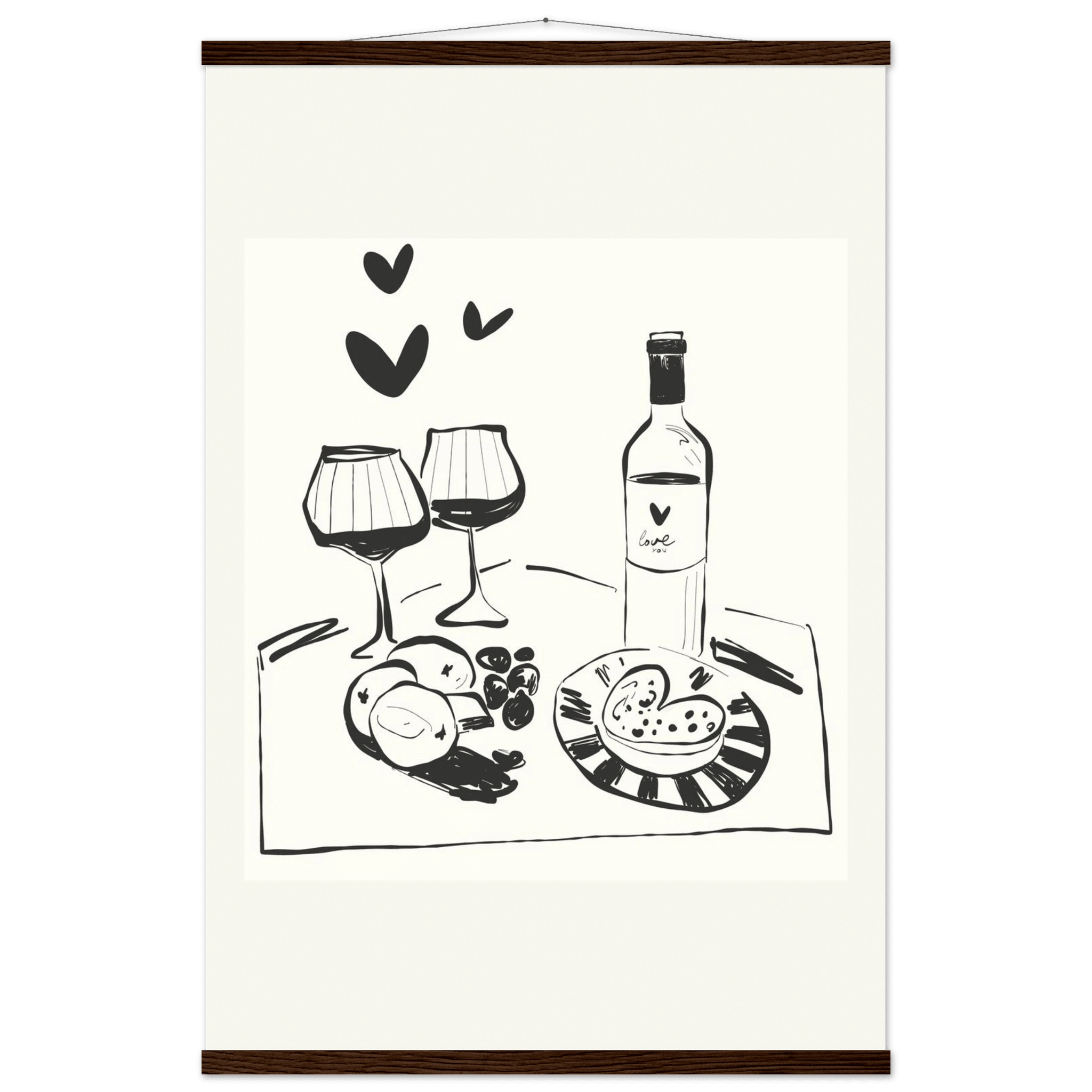 Wine for Two Print | Black Line Art Romantic Kitchen Wall Art | Couples Poster - Evergreen Posters