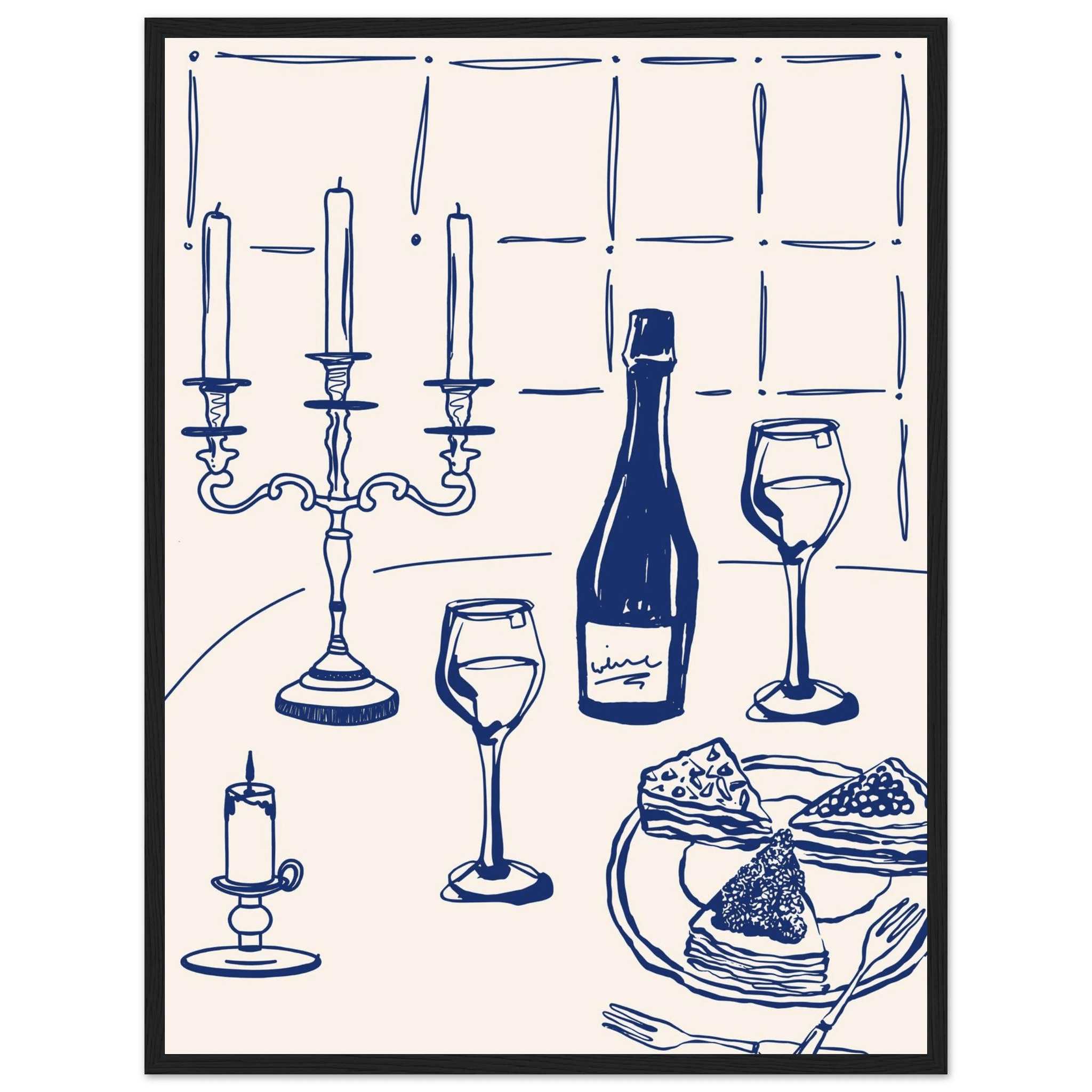 Candlelight Dinner Print | Navy Blue Wine & Candelabra Line Art | Kitchen Poster - Evergreen Posters