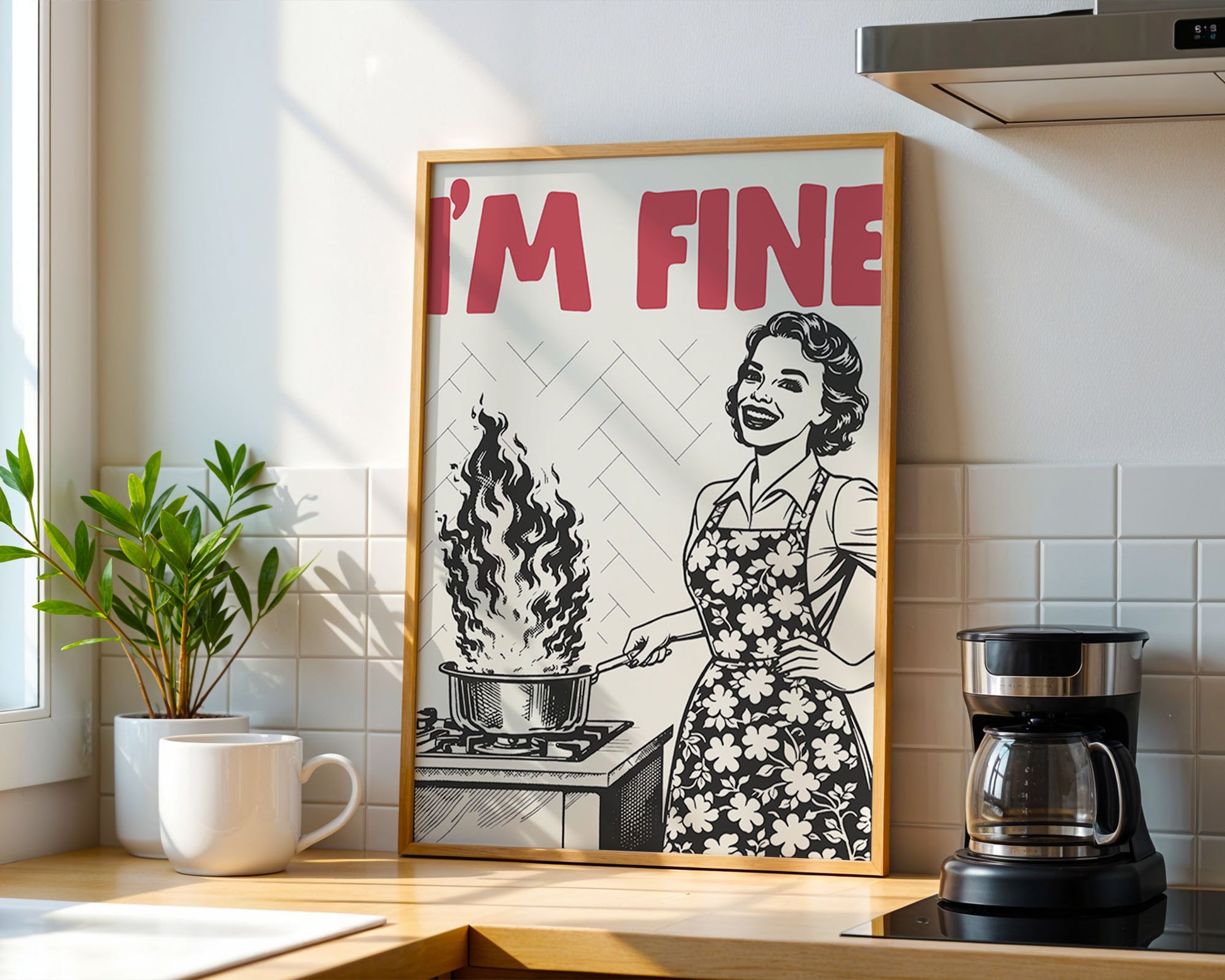 I'm Fine Poster – Funny Retro Kitchen Wall Art Print (Red Edition) - Evergreen Posters