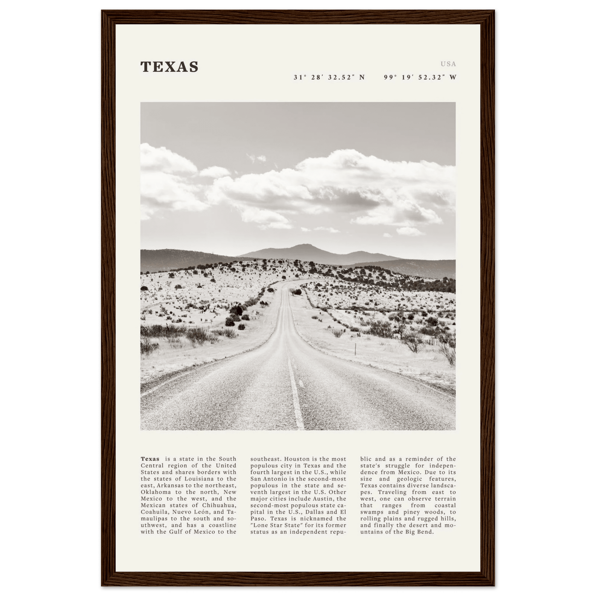 Texas Poster | Black & White Lone Star Road Wall Art | USA Travel Print Decor - Evergreen Posters