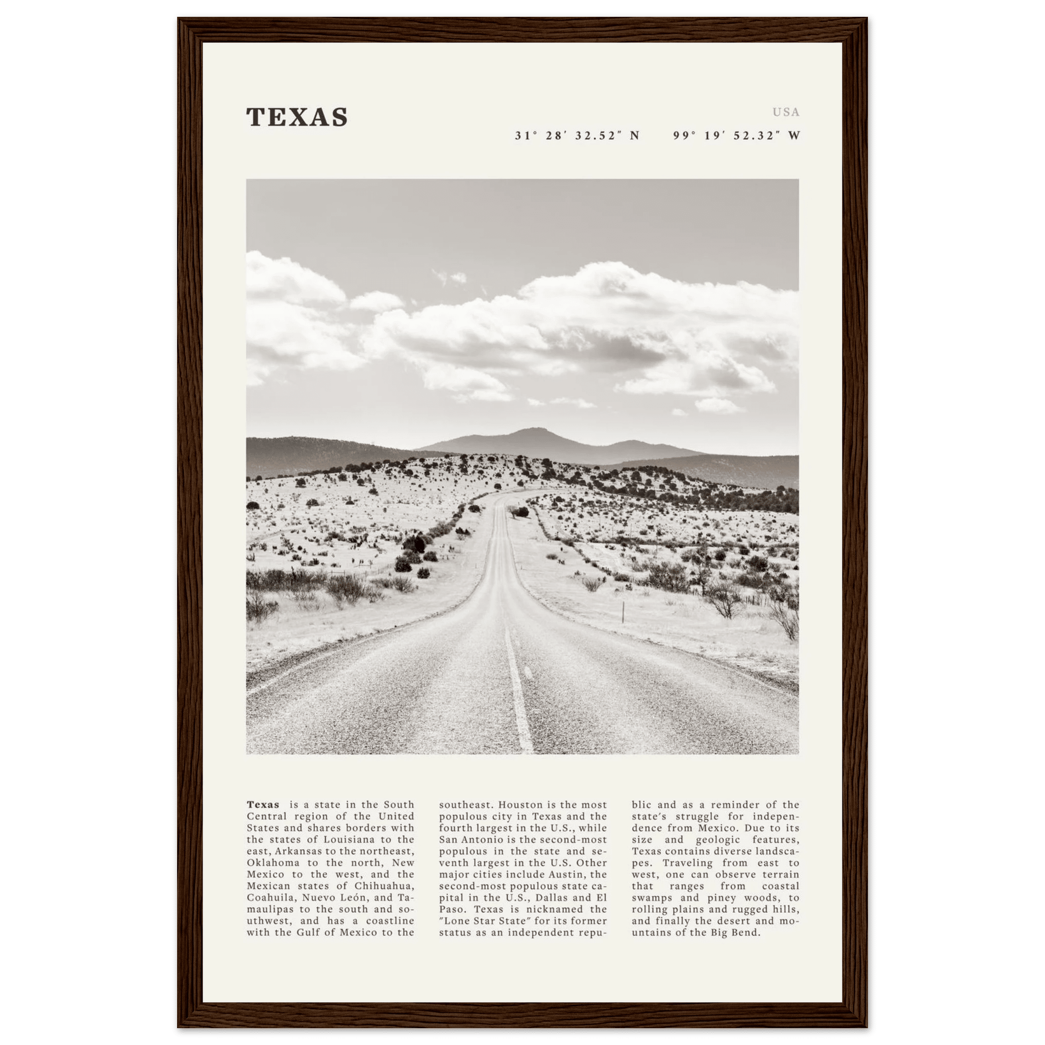 Texas Poster | Black & White Lone Star Road Wall Art | USA Travel Print Decor - Evergreen Posters
