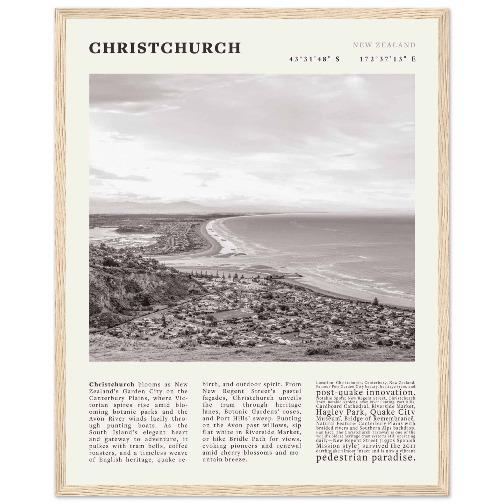 Christchurch New Zealand Poster Black and White – Vintage Garden City Panorama Print - Evergreen Posters
