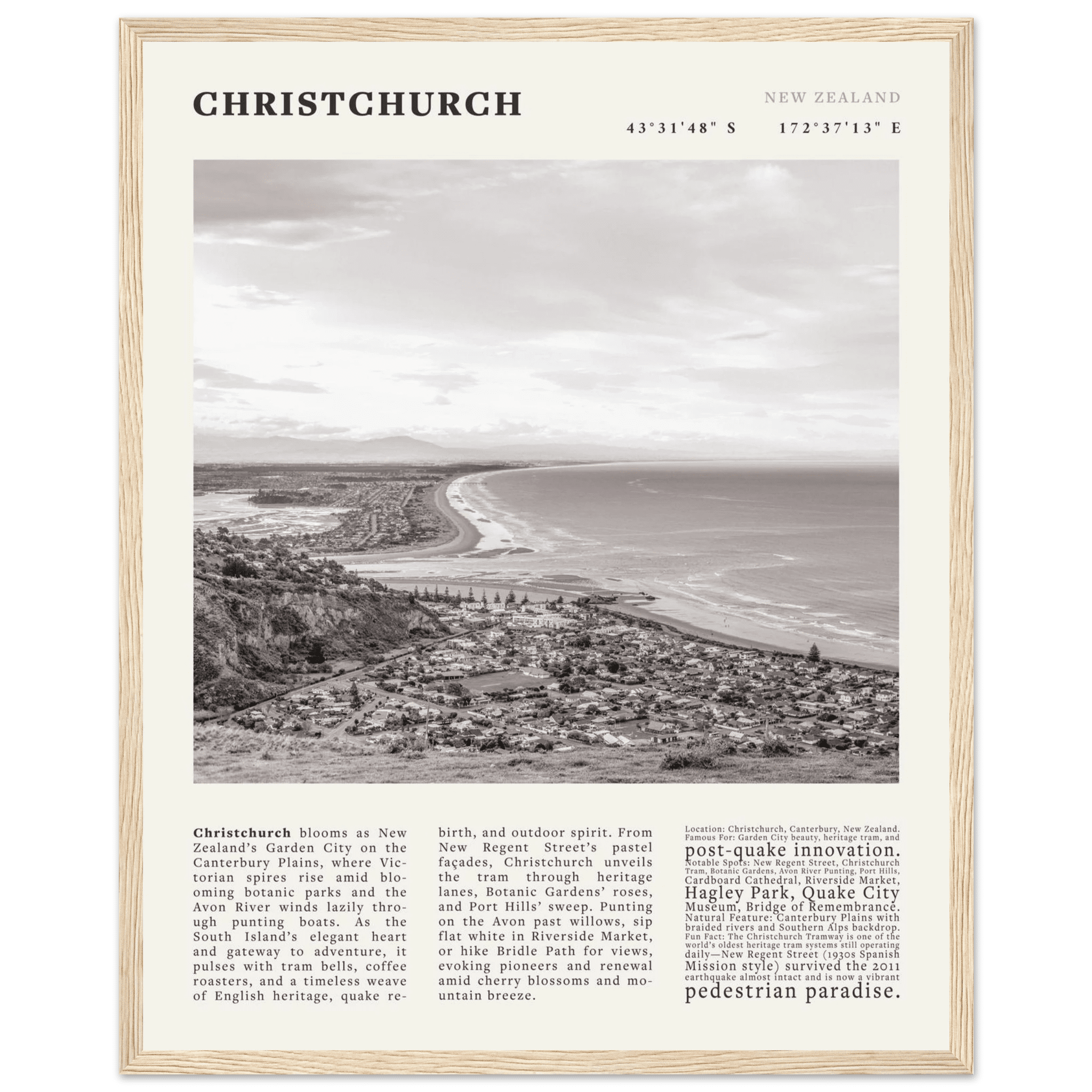 Christchurch New Zealand Poster Black and White – Vintage Garden City Panorama Print - Evergreen Posters