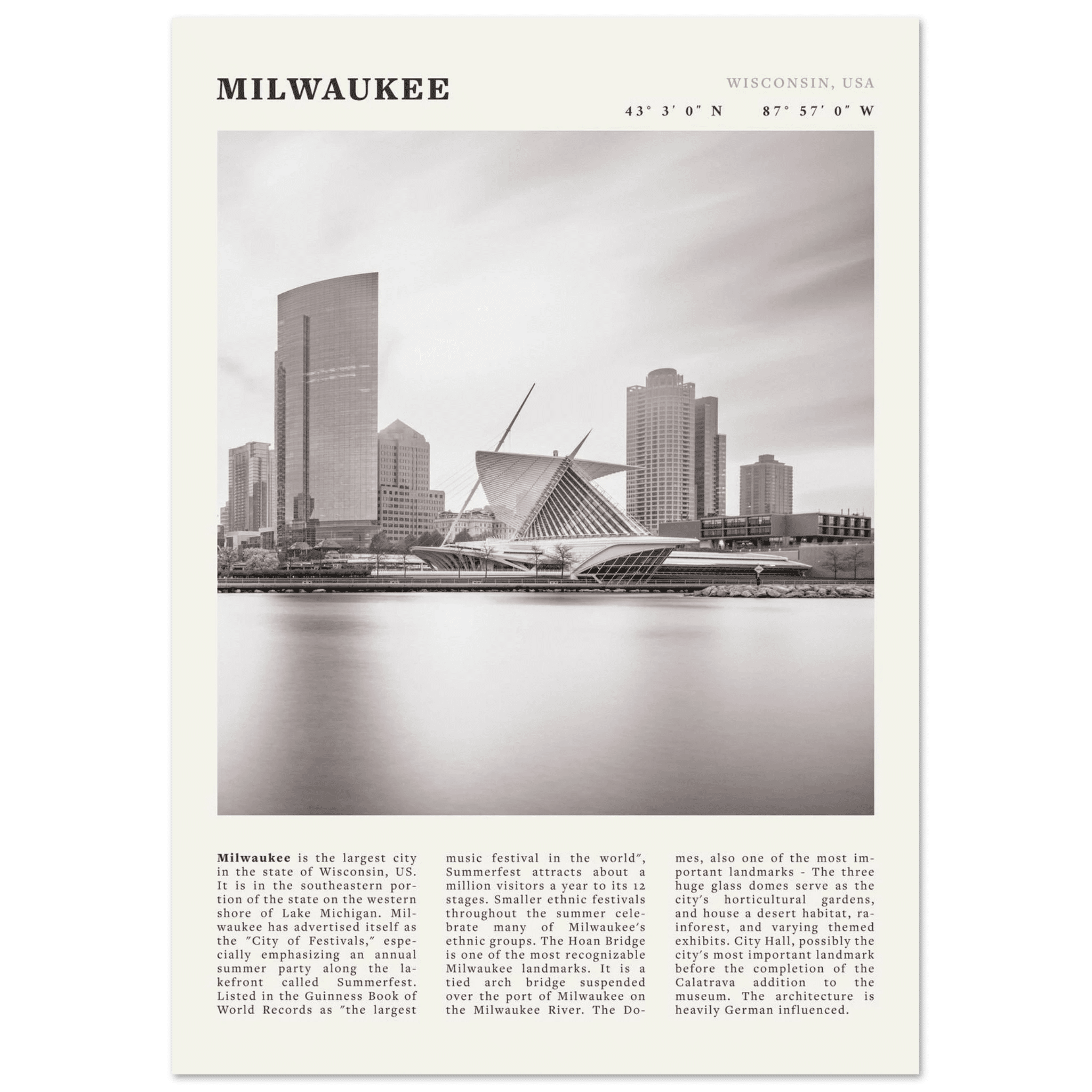 Milwaukee Poster | Black & White Wisconsin City Wall Art | USA Travel Print - Evergreen Posters