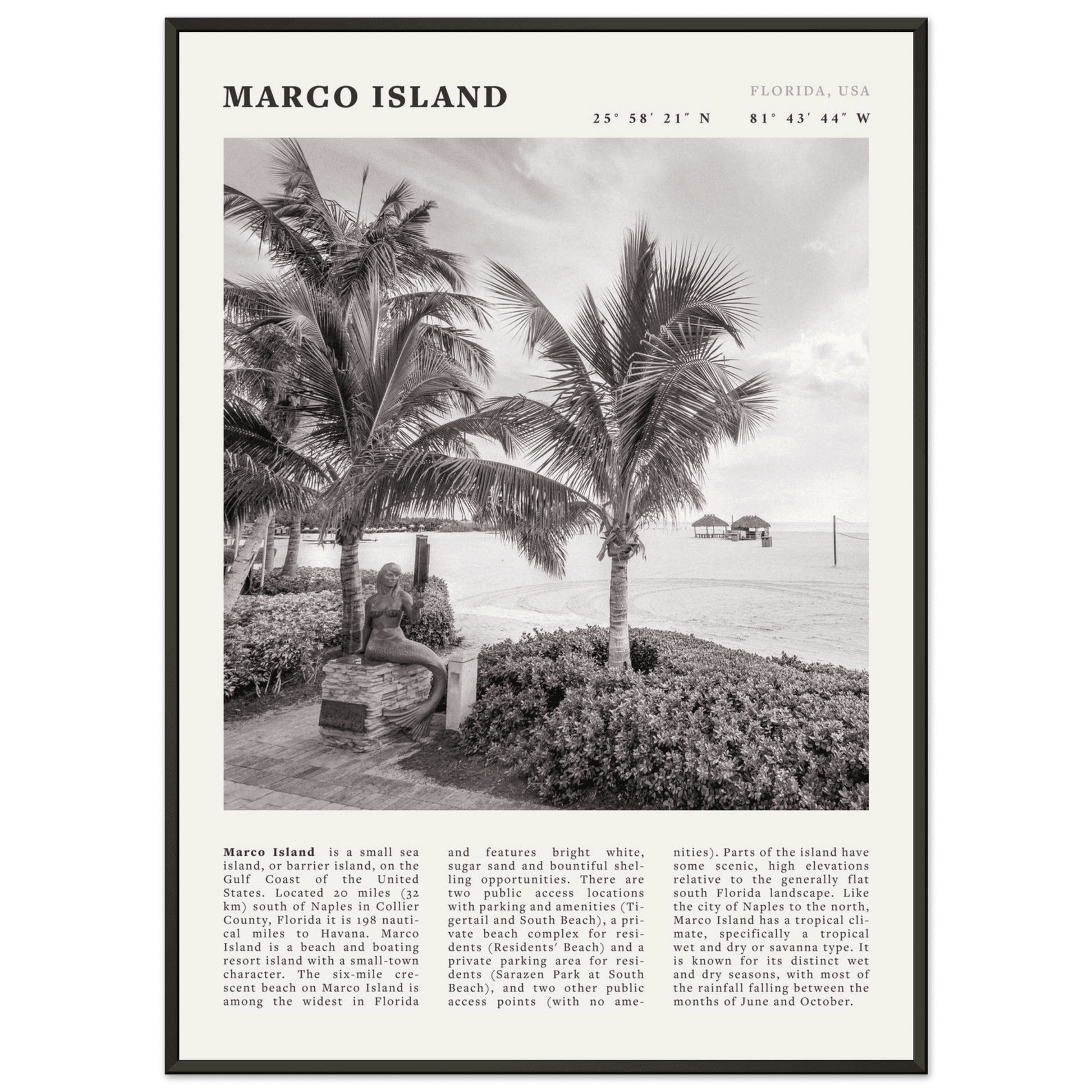 Marco Island Poster | Black & White Florida Beach Wall Art | Coastal Travel Print - Evergreen Posters