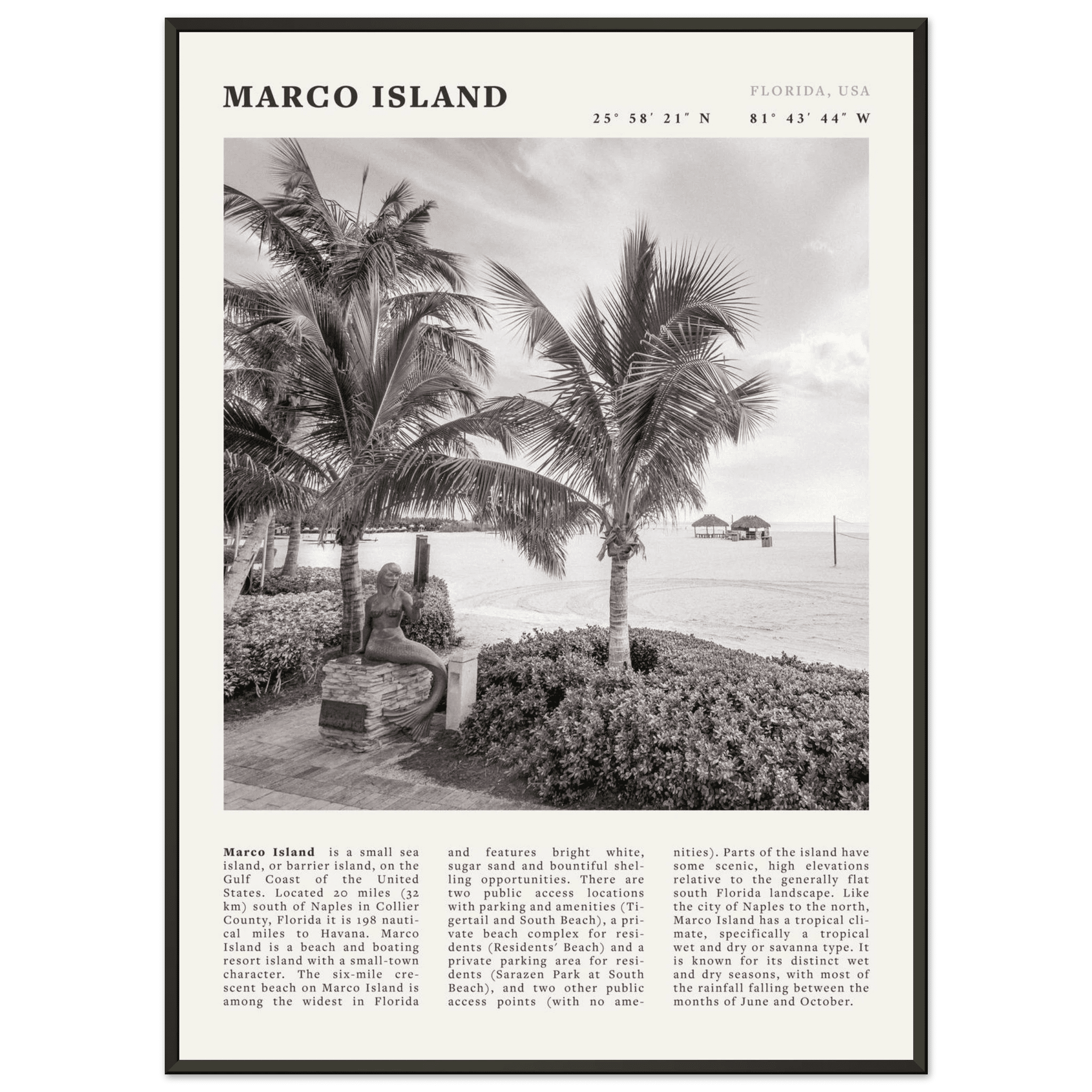 Marco Island Poster | Black & White Florida Beach Wall Art | Coastal Travel Print - Evergreen Posters