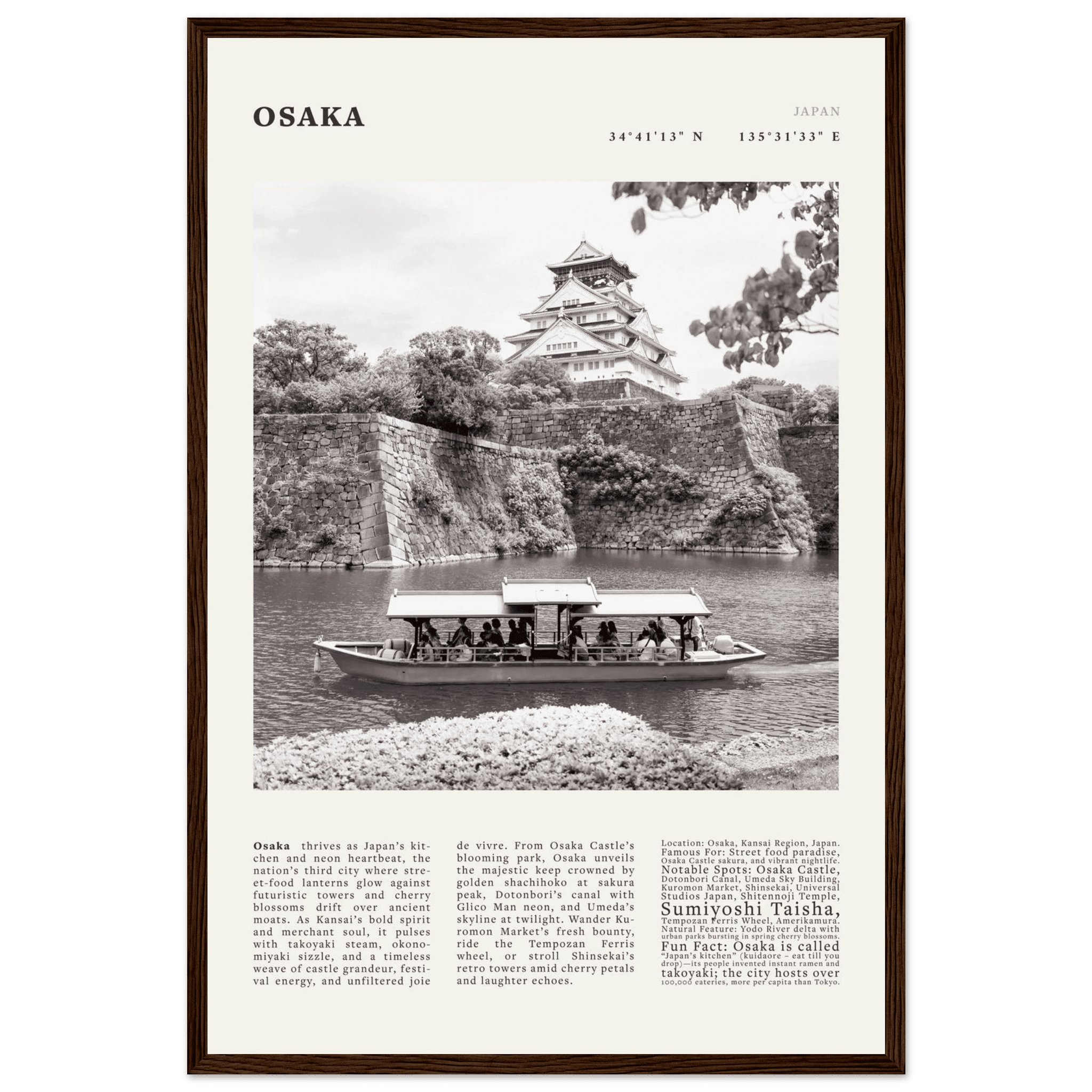 Osaka Poster Black and White – Vintage Osaka Castle Cherry Blossom Print (Digital & Printed Options) - Evergreen Posters