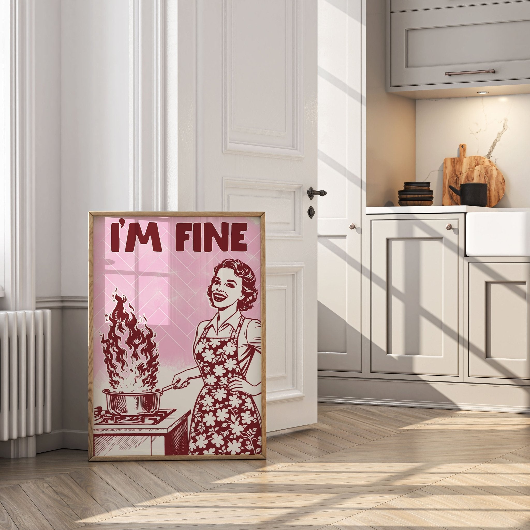 I'm Fine Poster – Funny Retro Pink Kitchen Wall Art Print (Digital & Printed Options) - Evergreen Posters
