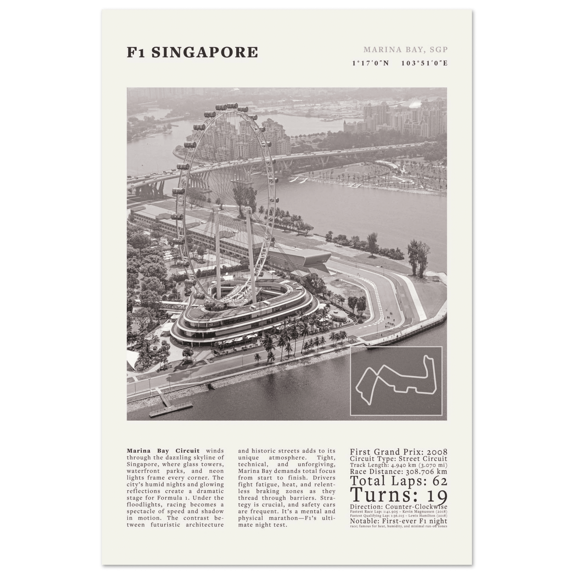F1 Singapore Poster Black and White – Vintage Marina Bay Night Race Print (Digital & Printed Options) - Evergreen Posters