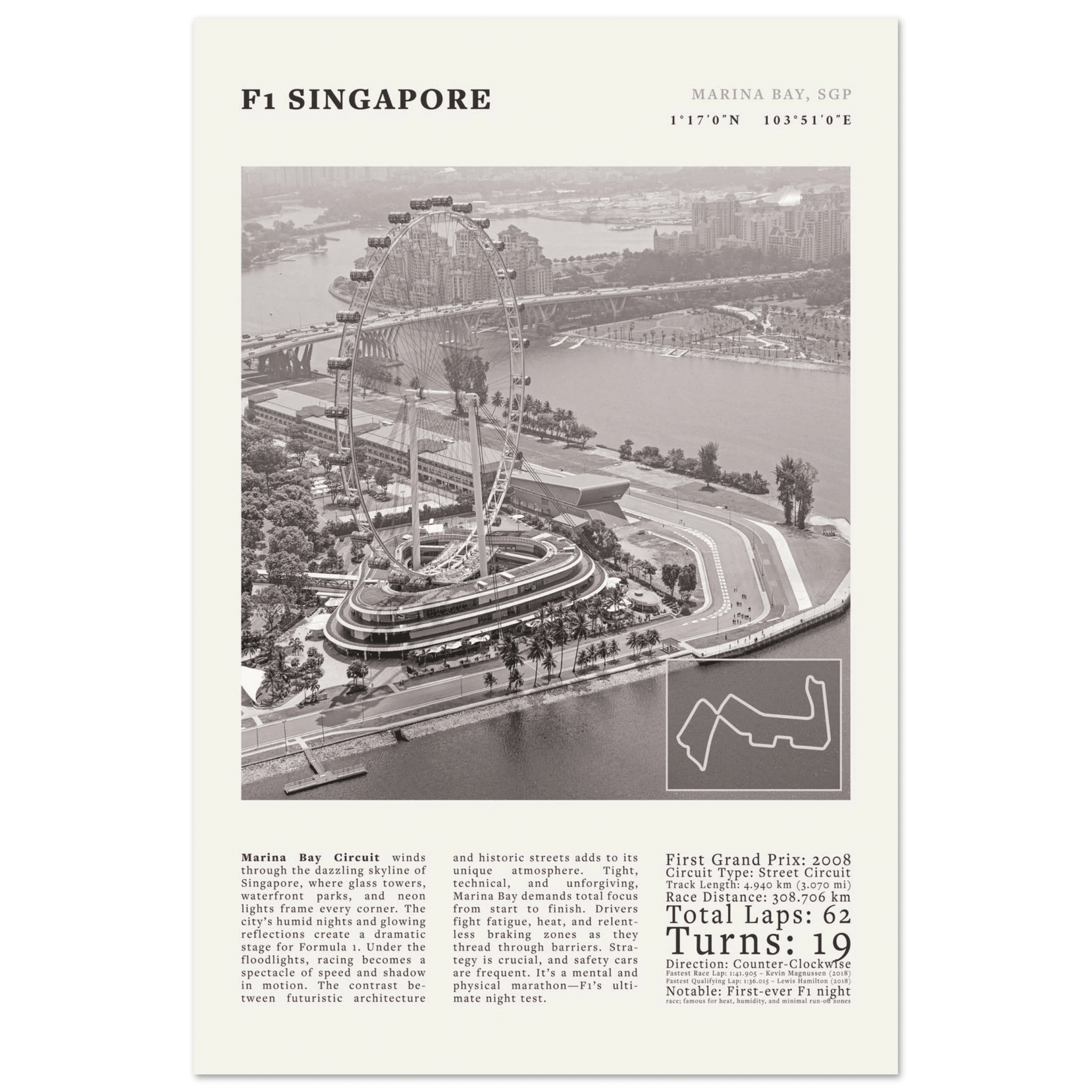 F1 Singapore Poster Black and White – Vintage Marina Bay Night Race Print (Digital & Printed Options) - Evergreen Posters