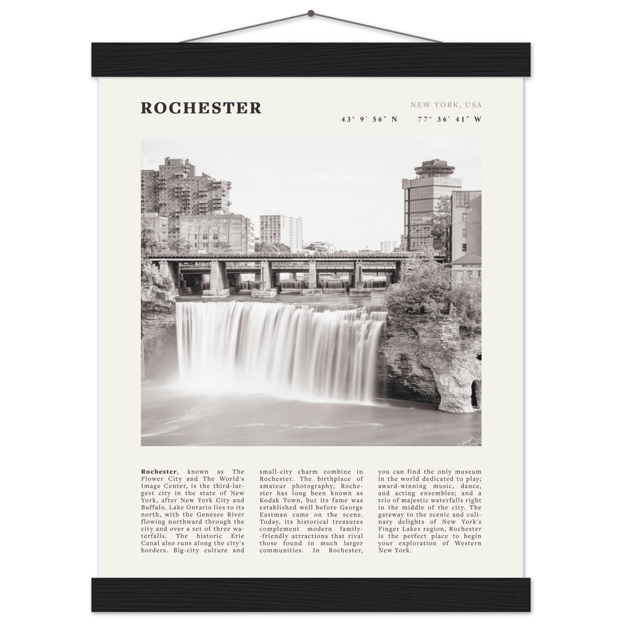 Rochester Poster | Black & White High Falls Wall Art | New York Travel Print - Evergreen Posters