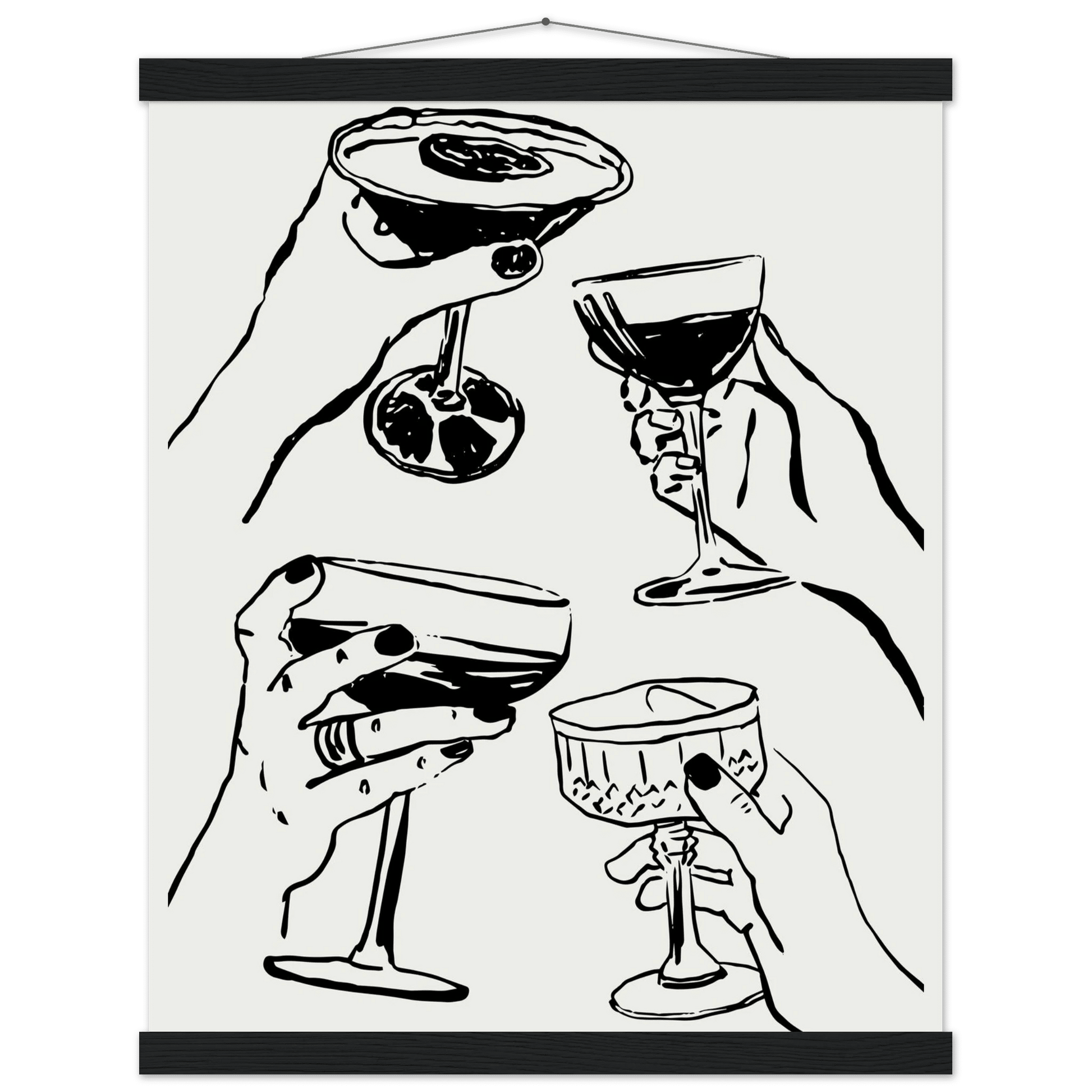 Cheers Print | Black Line Art Cocktail Glasses Wall Art | Kitchen Bar Poster - Evergreen Posters