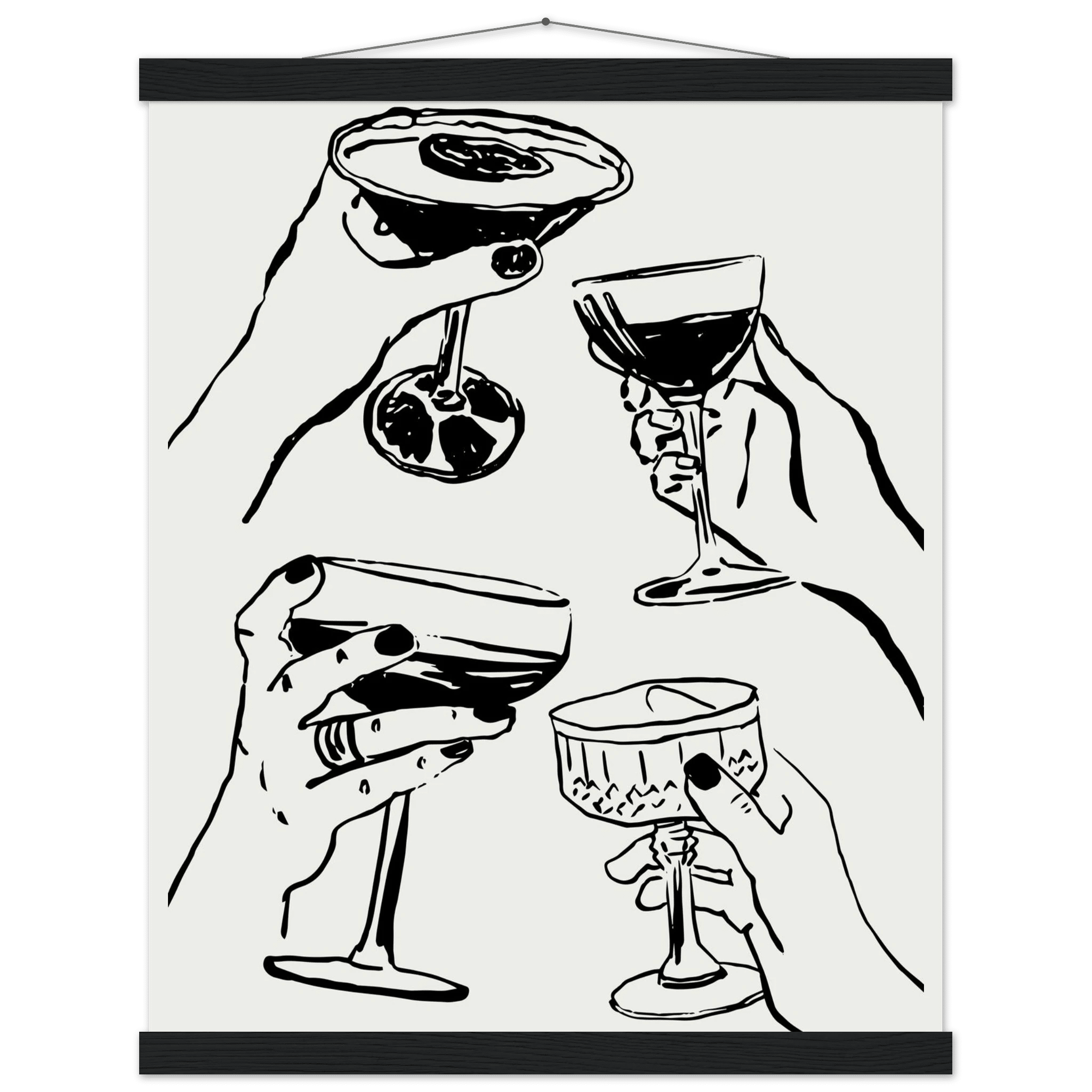 Cheers Print | Black Line Art Cocktail Glasses Wall Art | Kitchen Bar Poster - Evergreen Posters