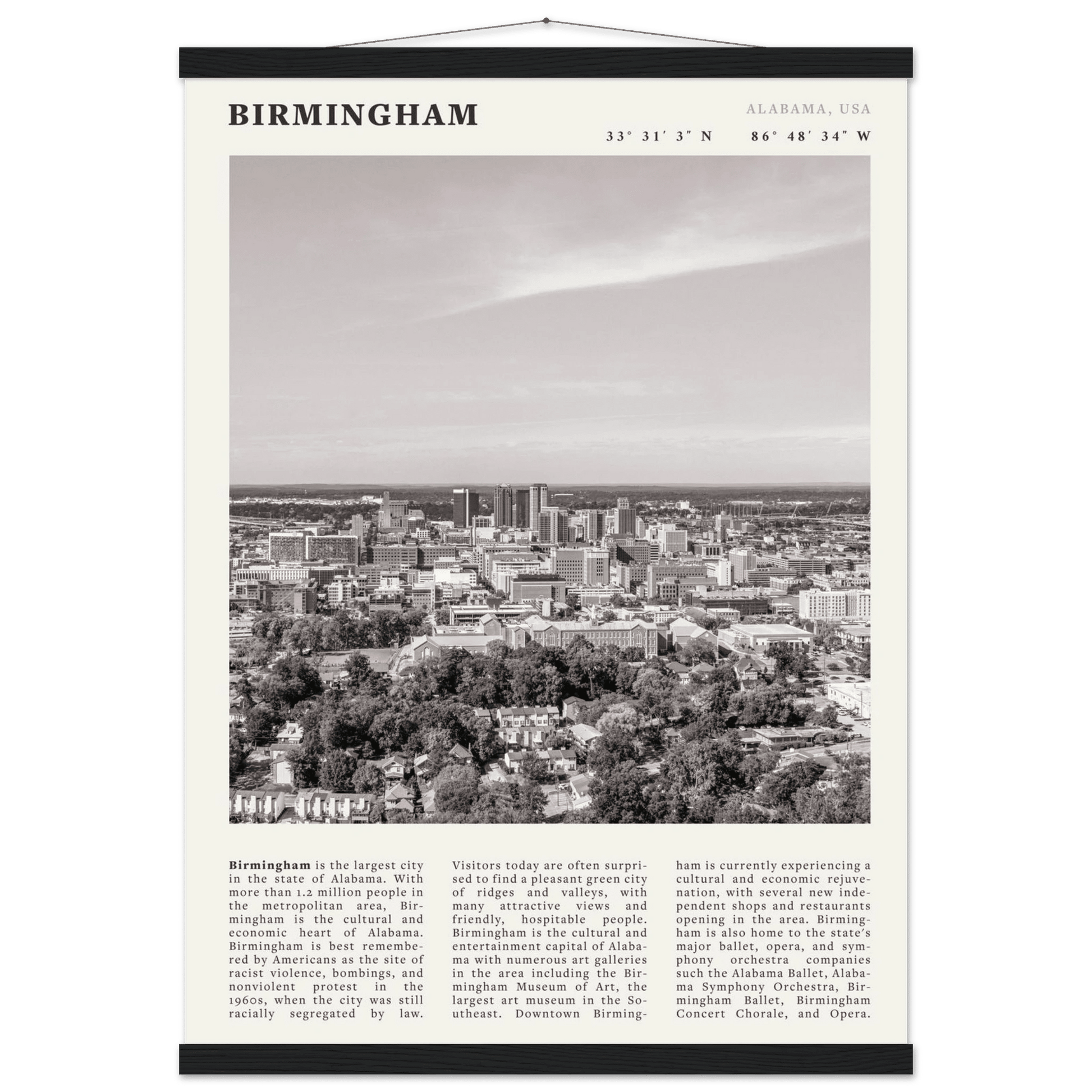 Birmingham Poster | Black & White Alabama Skyline Wall Art | AL Travel Print - Evergreen Posters