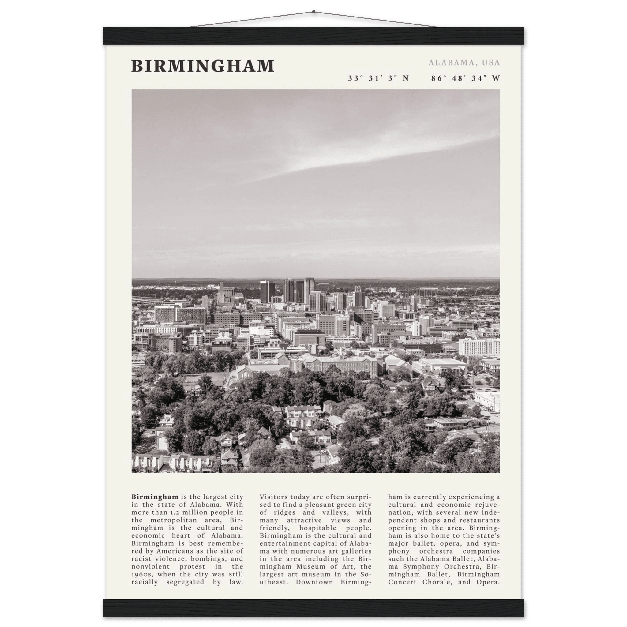 Birmingham Poster | Black & White Alabama Skyline Wall Art | AL Travel Print - Evergreen Posters