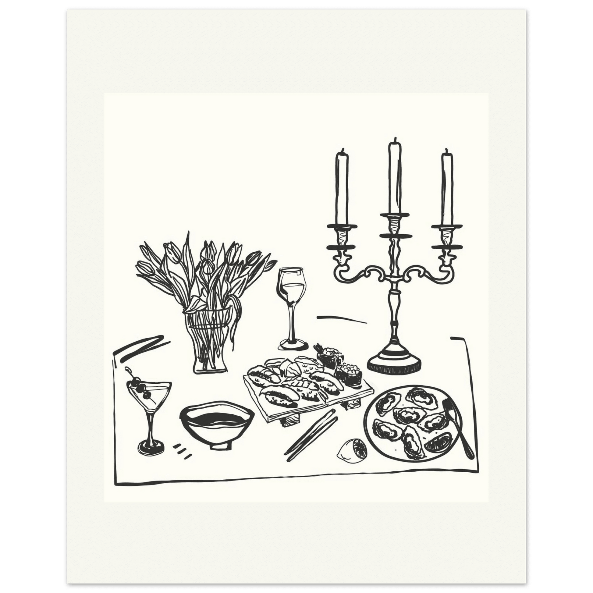 Fine Dining Table Print | Black Line Art Kitchen Wall Art | Elegant Dining Room Poster - Evergreen Posters