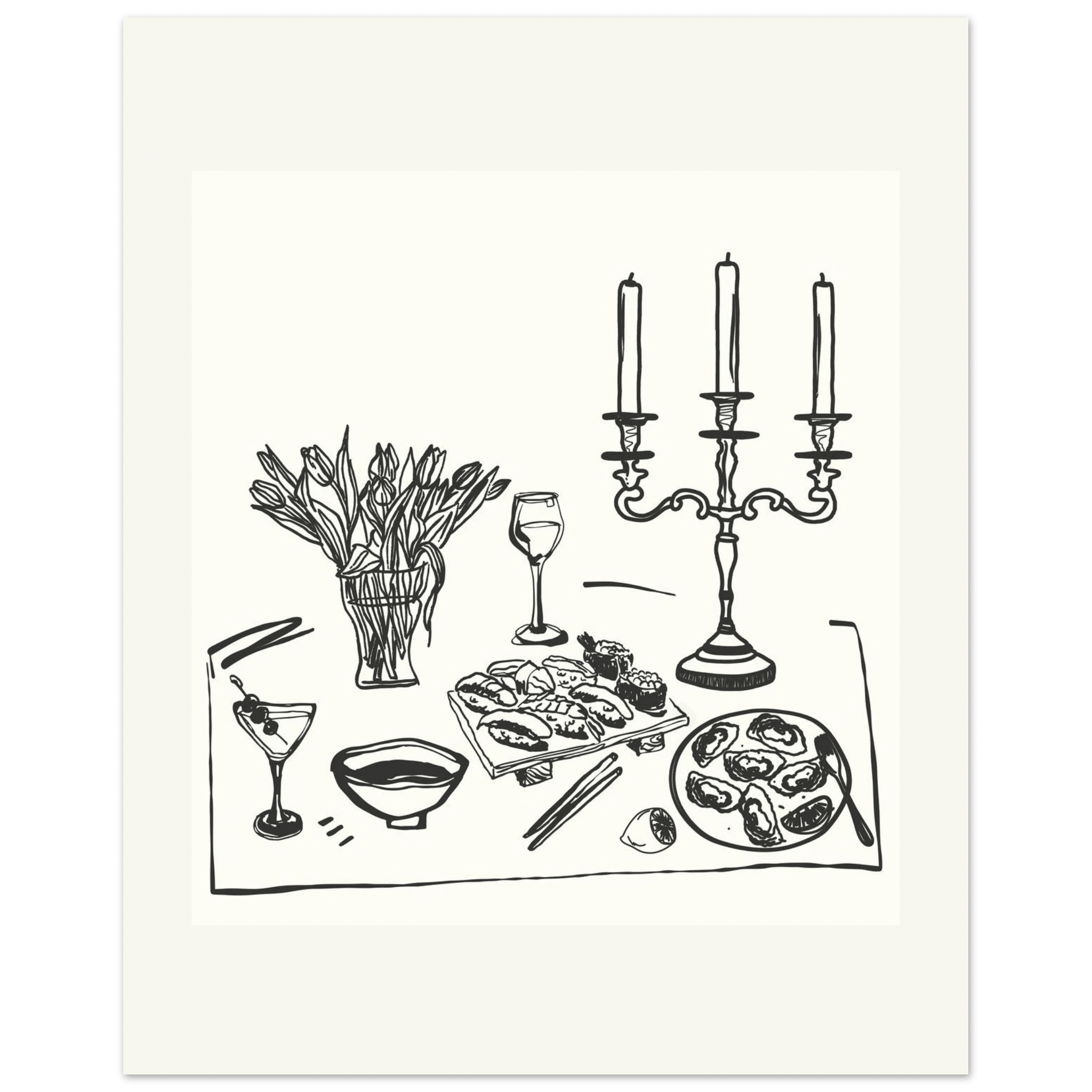 Fine Dining Table Print | Black Line Art Kitchen Wall Art | Elegant Dining Room Poster - Evergreen Posters