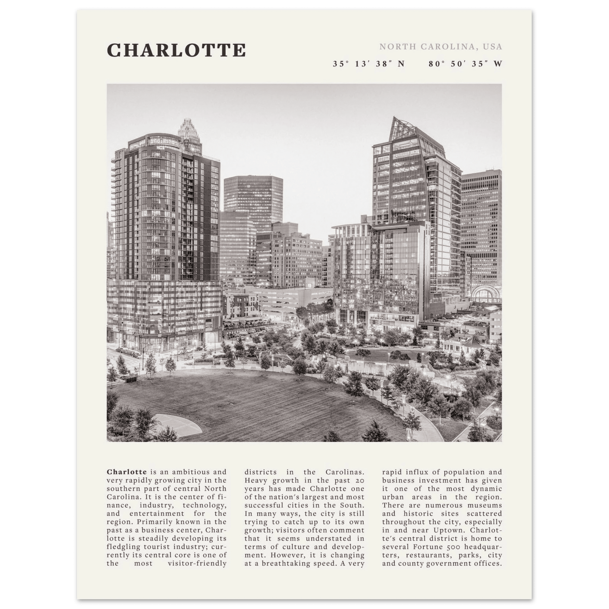 Charlotte Poster | Black & White North Carolina Skyline Wall Art | NC Travel Print - Evergreen Posters