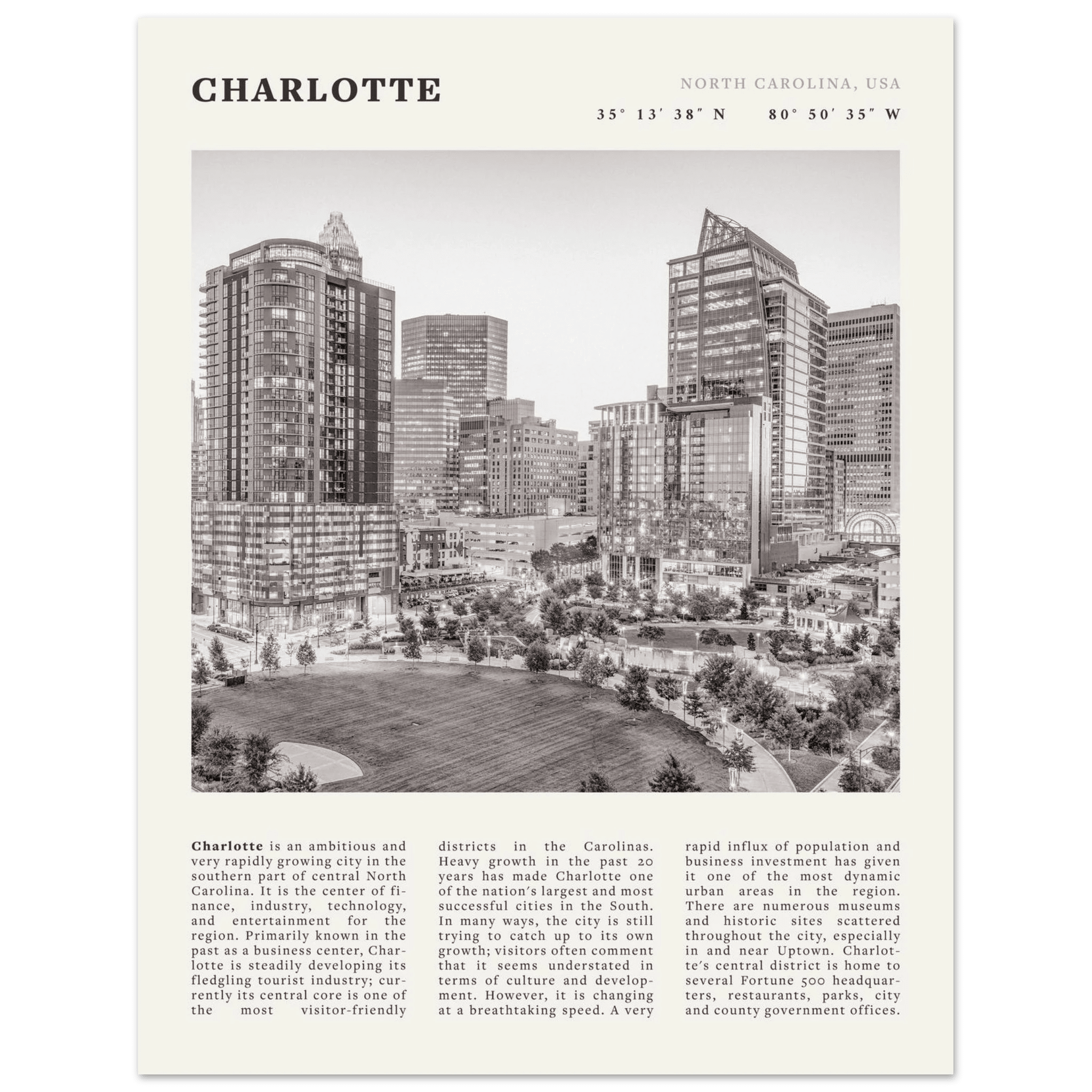 Charlotte Poster | Black & White North Carolina Skyline Wall Art | NC Travel Print - Evergreen Posters