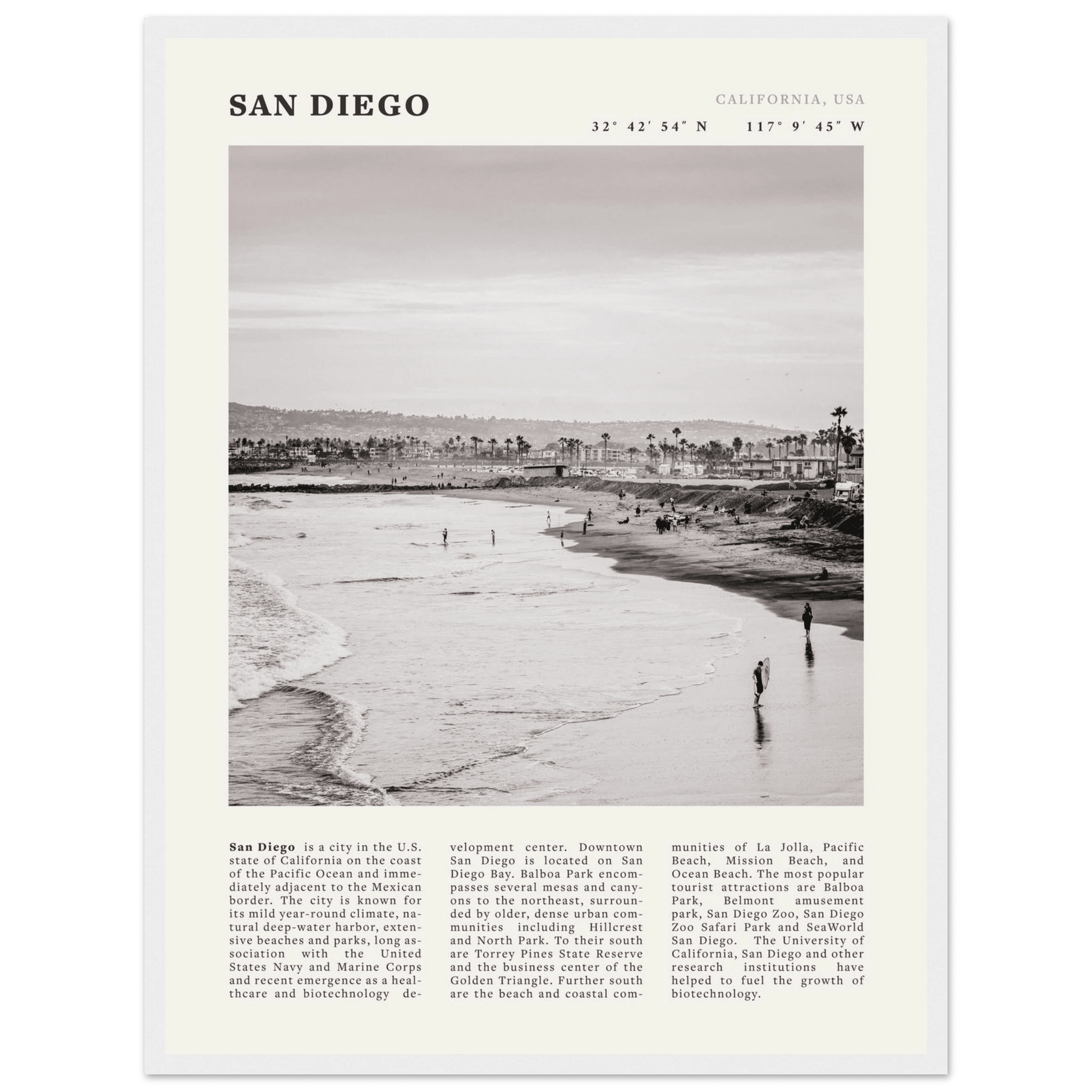 San Diego Poster | Black & White California Beach Wall Art | Coastal Travel Print Decor - Evergreen Posters