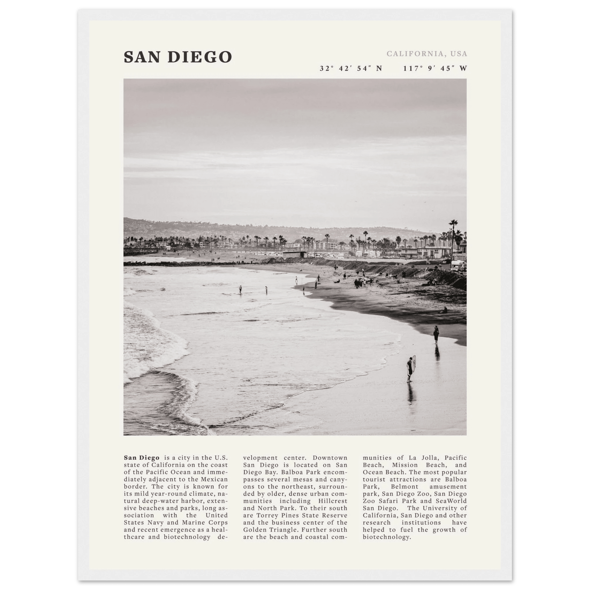 San Diego Poster | Black & White California Beach Wall Art | Coastal Travel Print Decor - Evergreen Posters