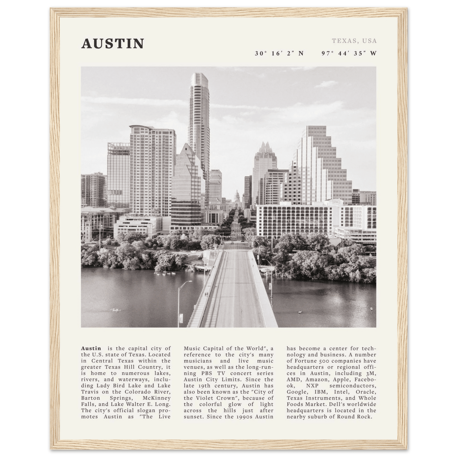 Austin Poster | Black & White Texas Skyline Wall Art | City Travel Print Decor - Evergreen Posters