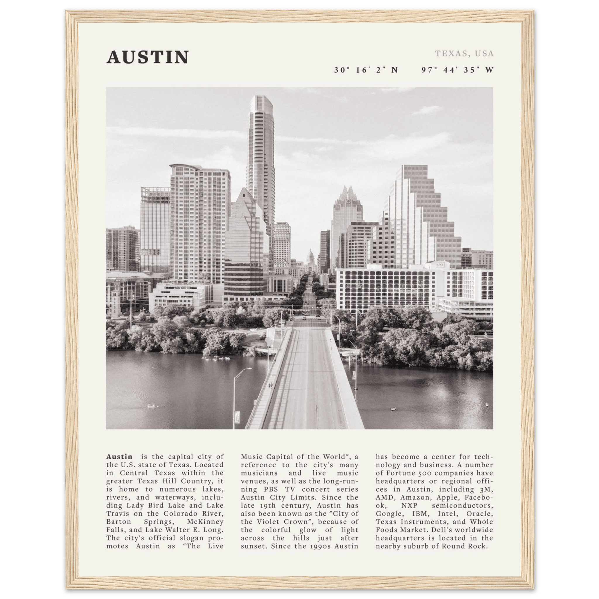 Austin Poster | Black & White Texas Skyline Wall Art | City Travel Print Decor - Evergreen Posters