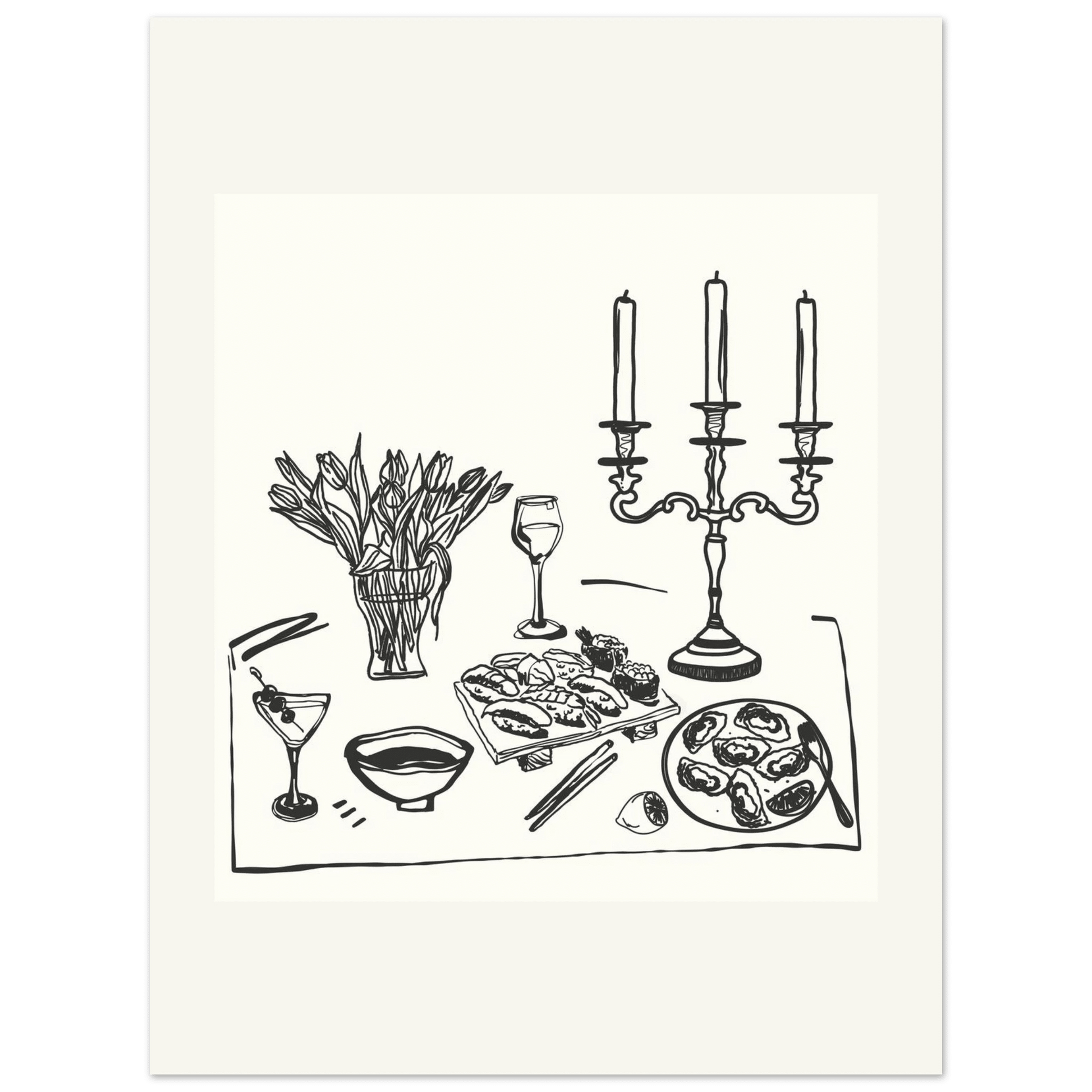 Fine Dining Table Print | Black Line Art Kitchen Wall Art | Elegant Dining Room Poster - Evergreen Posters