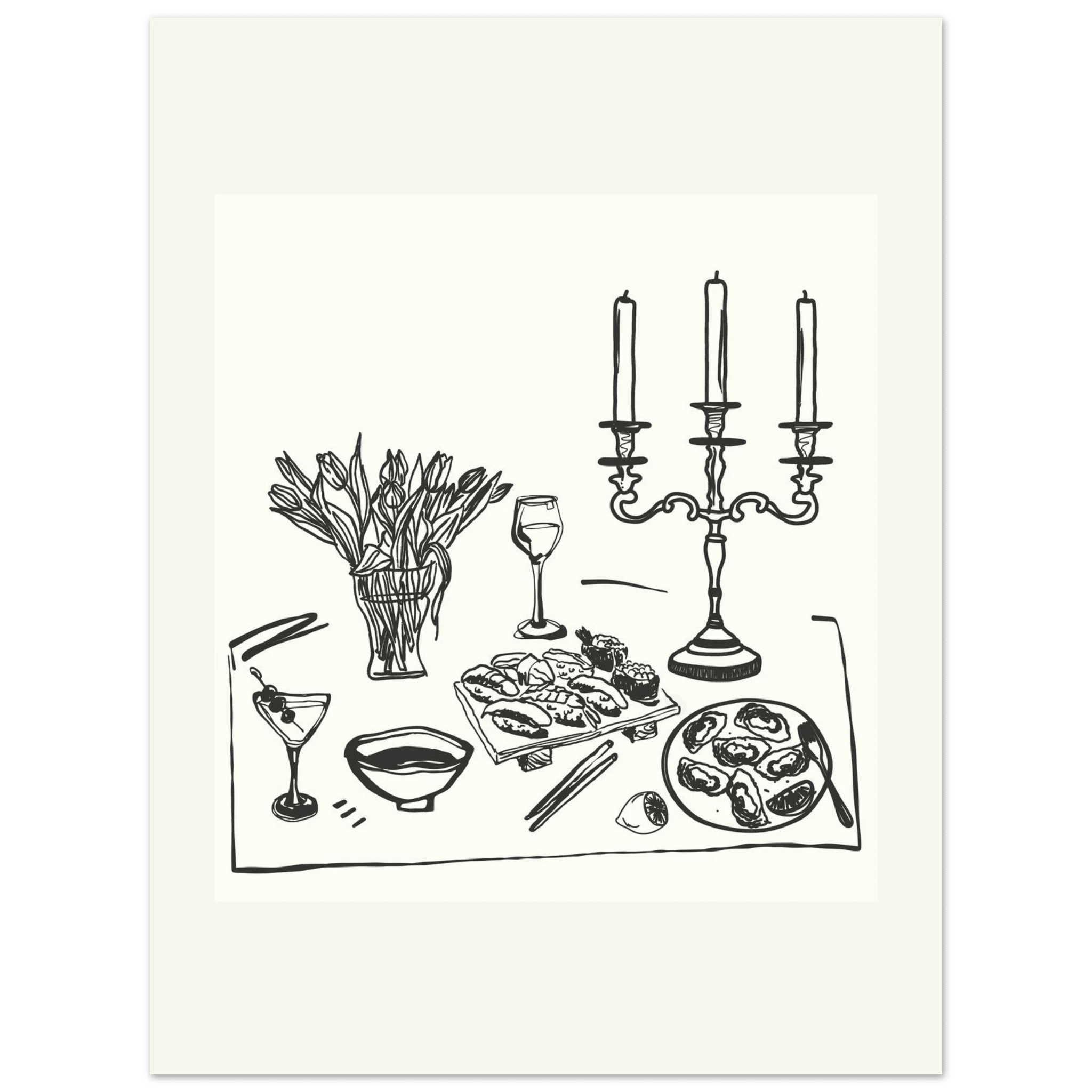 Fine Dining Table Print | Black Line Art Kitchen Wall Art | Elegant Dining Room Poster - Evergreen Posters