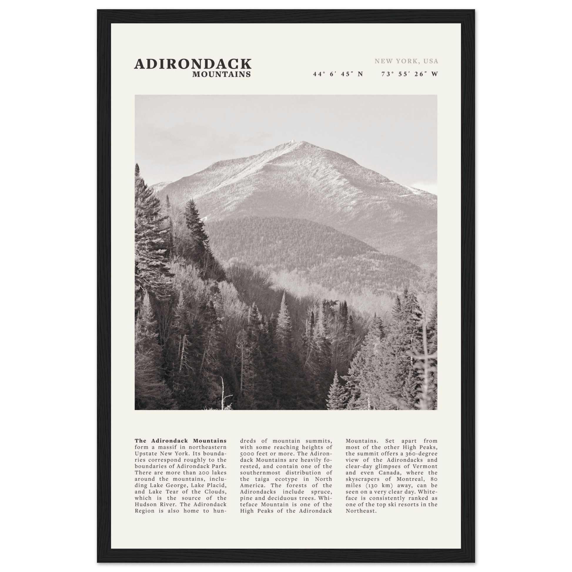 Adirondack Mountains Poster | Black & White New York Nature Wall Art | Hiking Print - Evergreen Posters