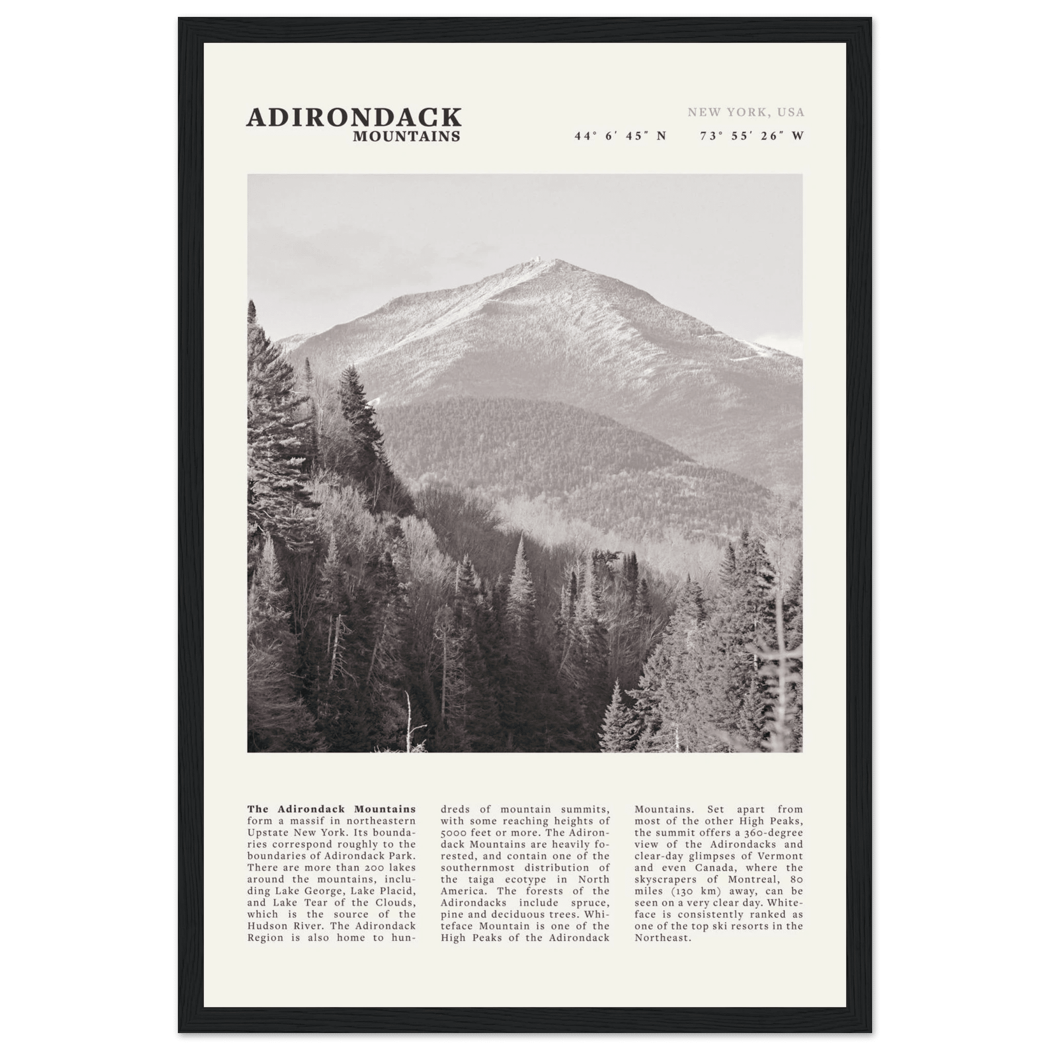 Adirondack Mountains Poster | Black & White New York Nature Wall Art | Hiking Print - Evergreen Posters