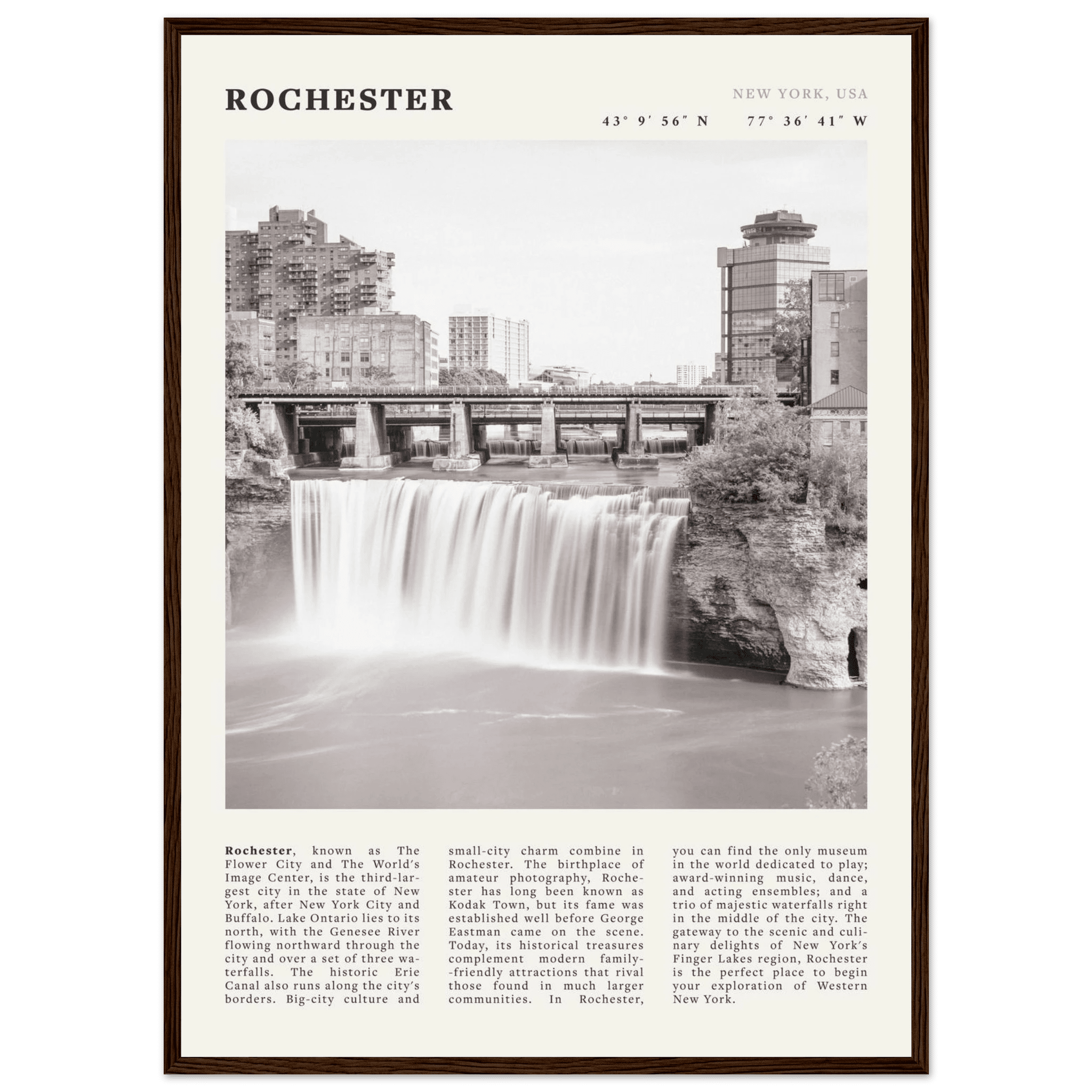 Rochester Poster | Black & White High Falls Wall Art | New York Travel Print - Evergreen Posters