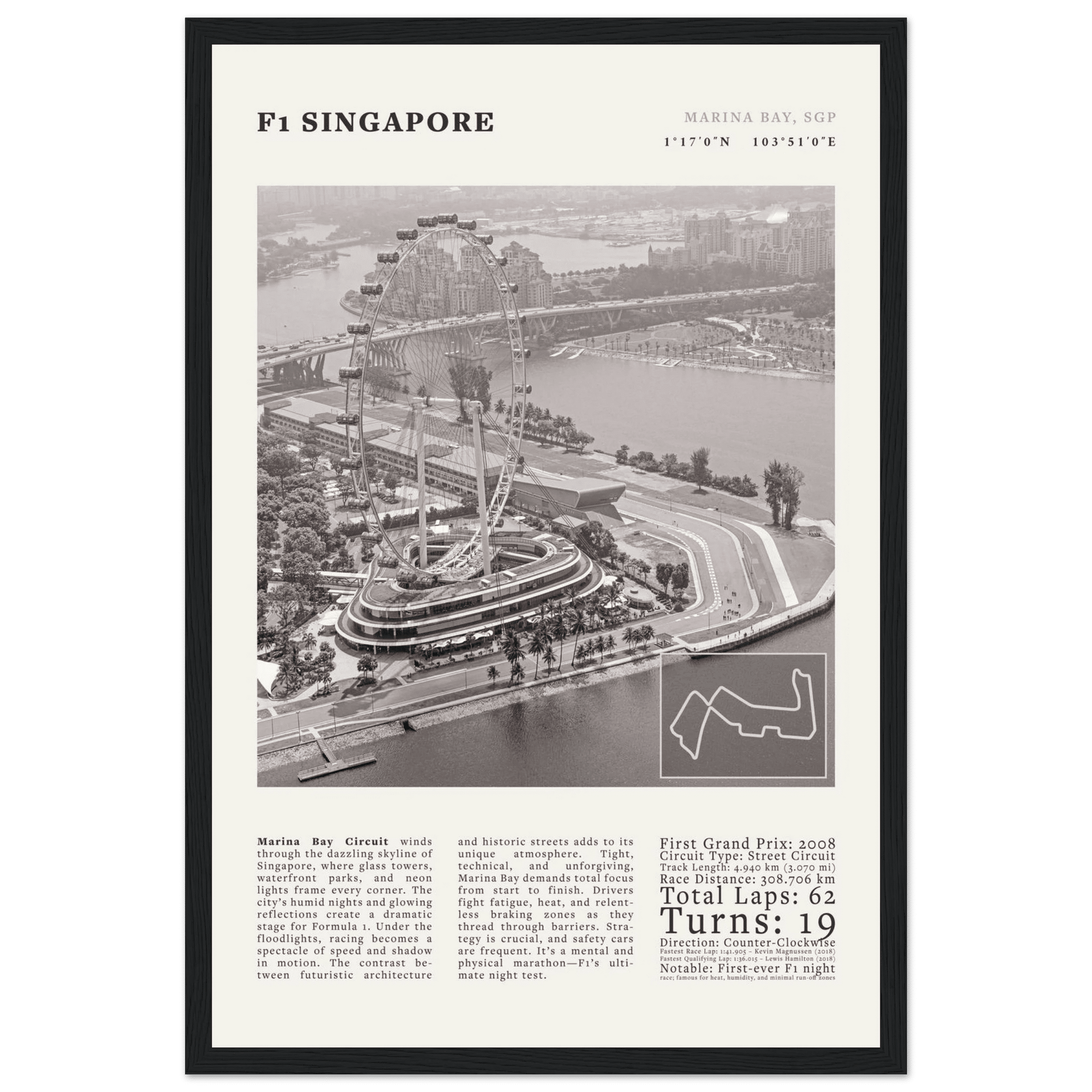 F1 Singapore Poster Black and White – Vintage Marina Bay Night Race Print (Digital & Printed Options) - Evergreen Posters