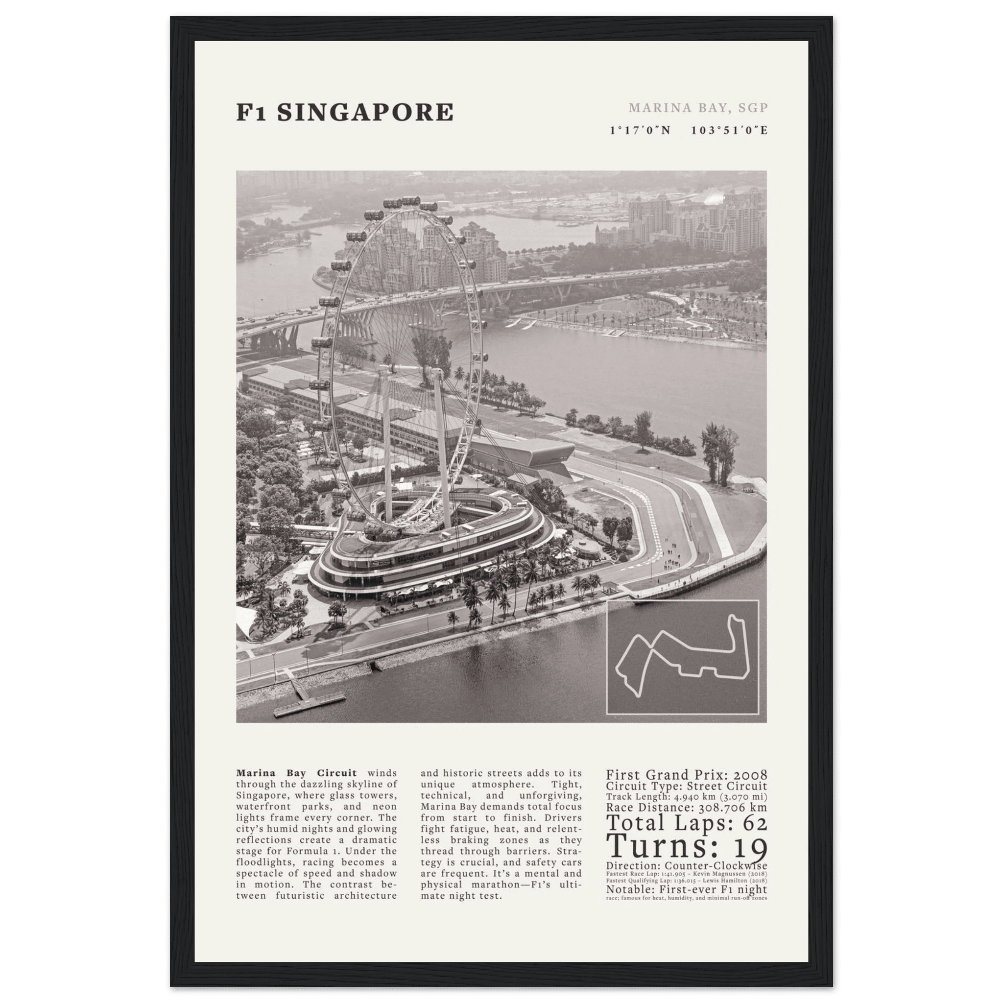 F1 Singapore Poster Black and White – Vintage Marina Bay Night Race Print (Digital & Printed Options) - Evergreen Posters