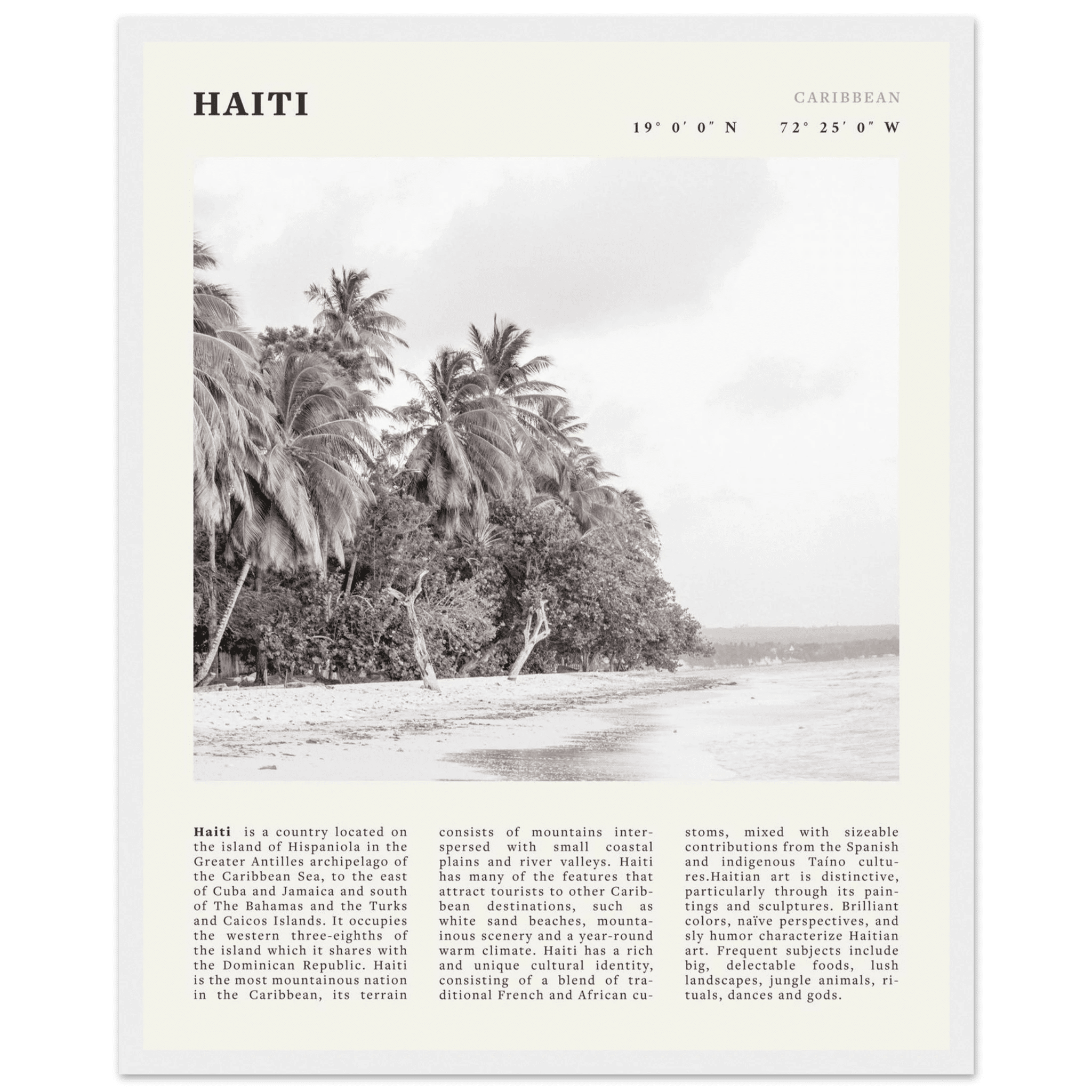 Haiti Poster | Black & White Caribbean Beach Wall Art | Tropical Travel Print - Evergreen Posters