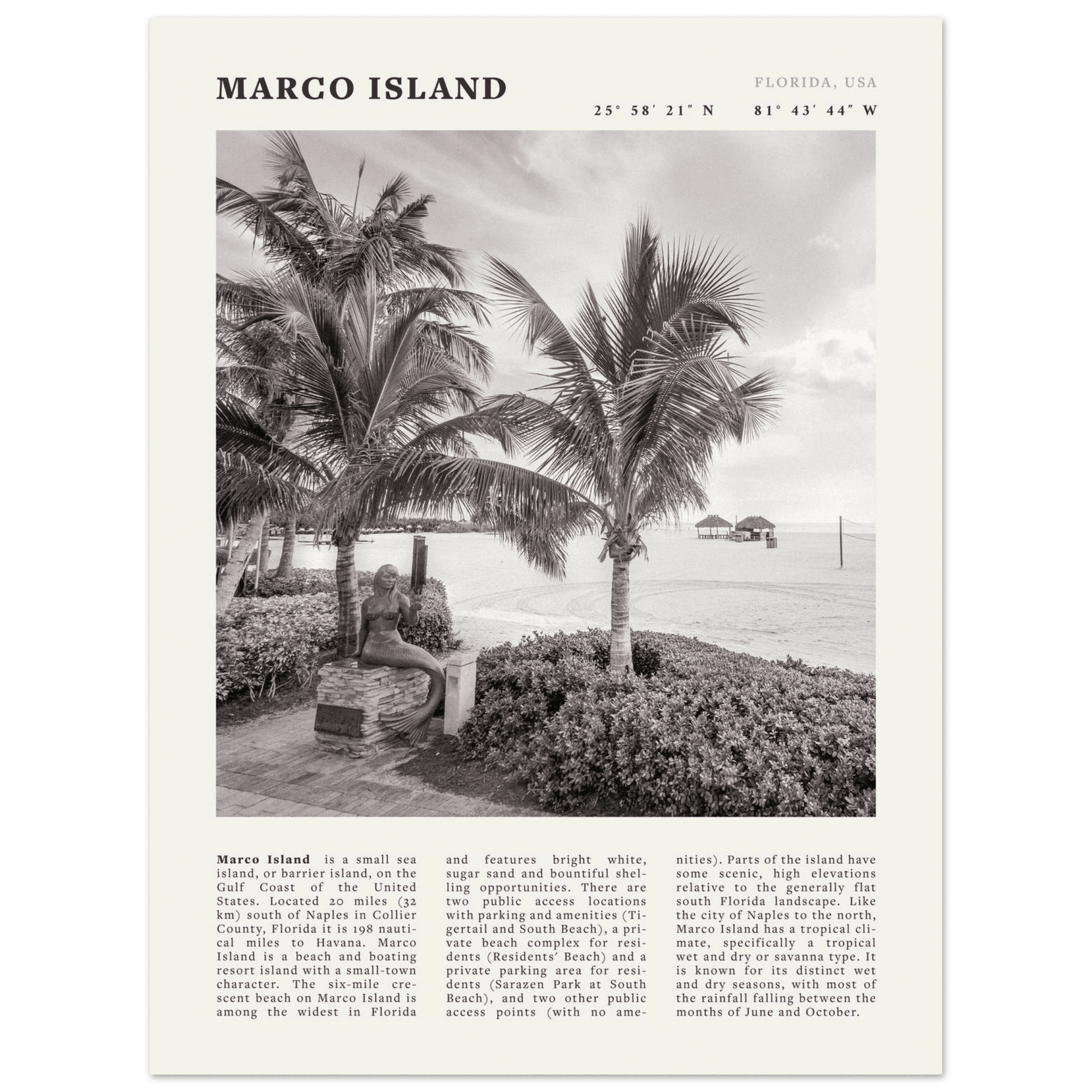 Marco Island Poster | Black & White Florida Beach Wall Art | Coastal Travel Print - Evergreen Posters