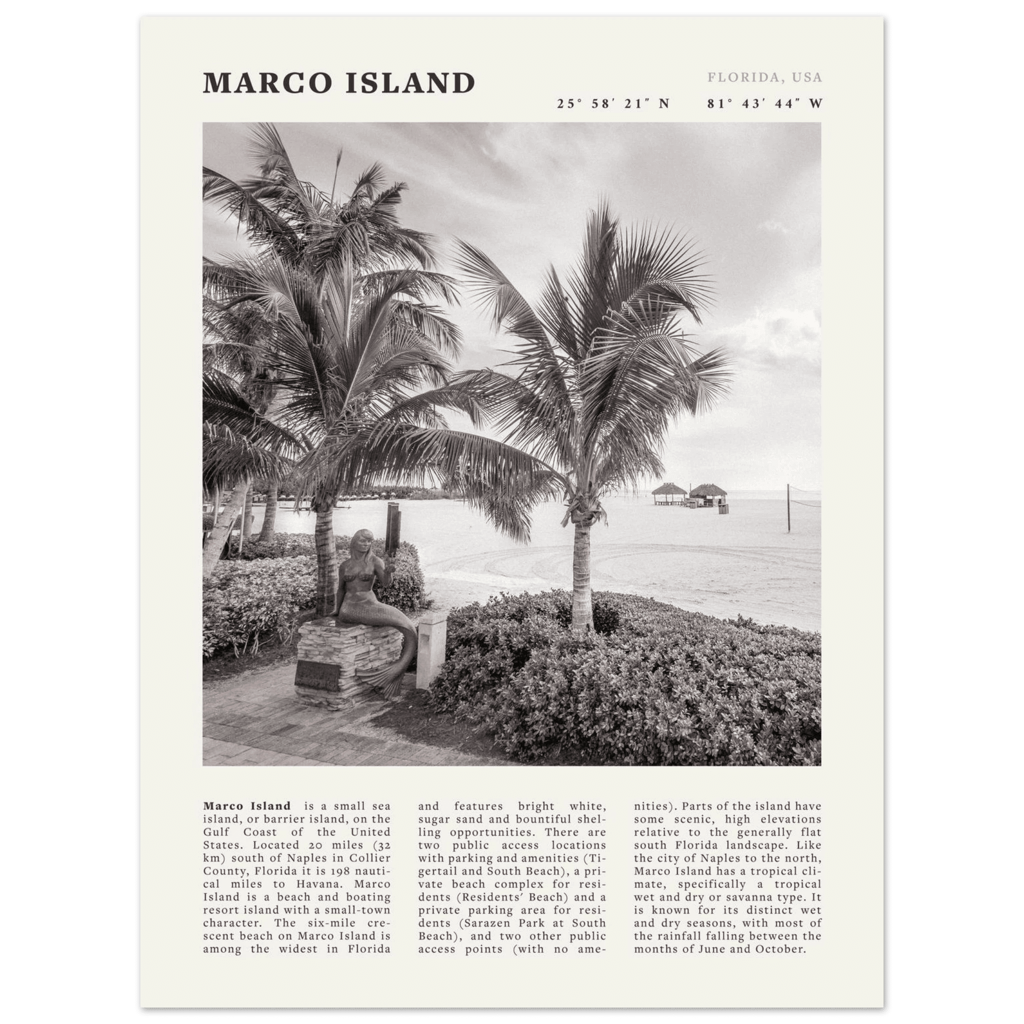 Marco Island Poster | Black & White Florida Beach Wall Art | Coastal Travel Print - Evergreen Posters