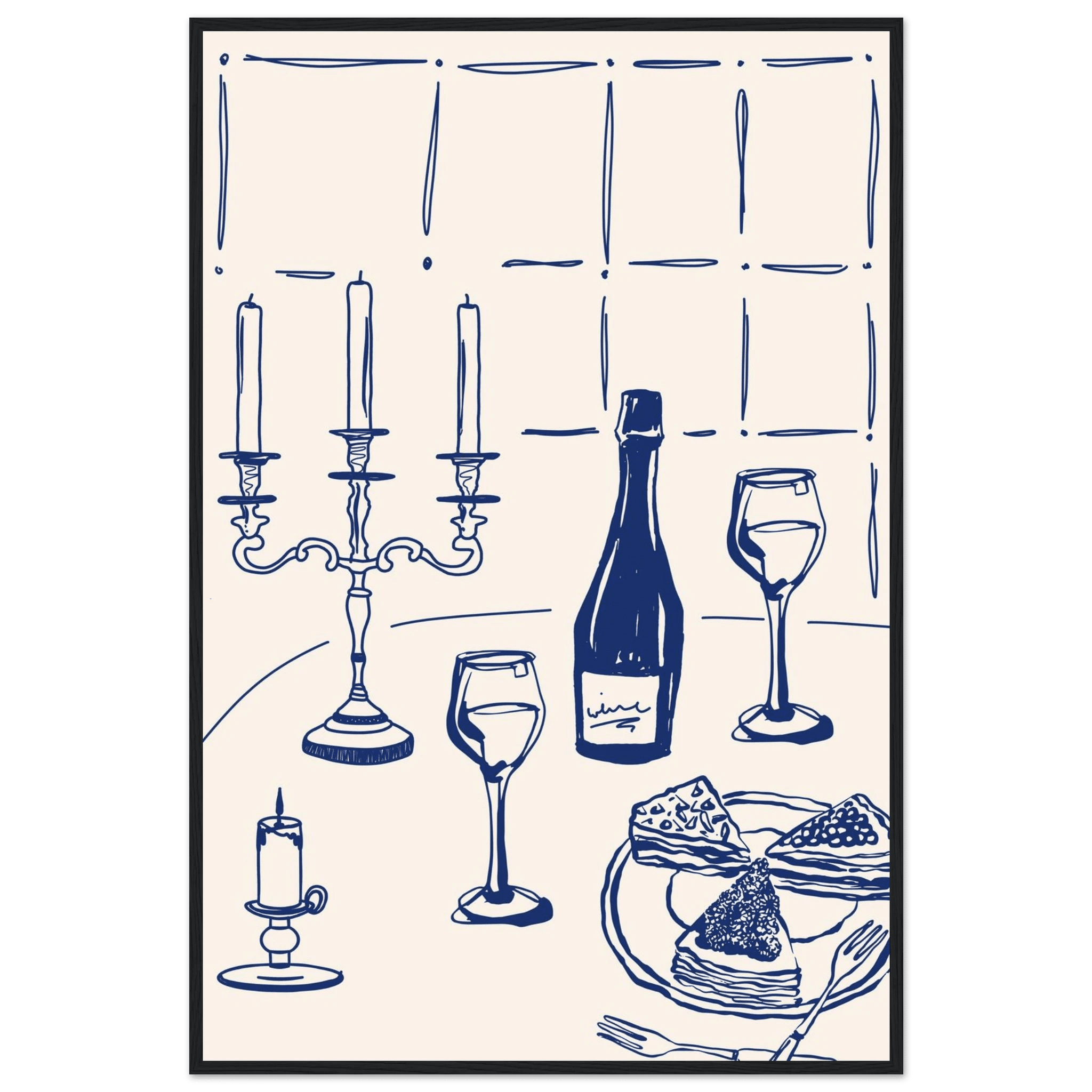 Candlelight Dinner Print | Navy Blue Wine & Candelabra Line Art | Kitchen Poster - Evergreen Posters