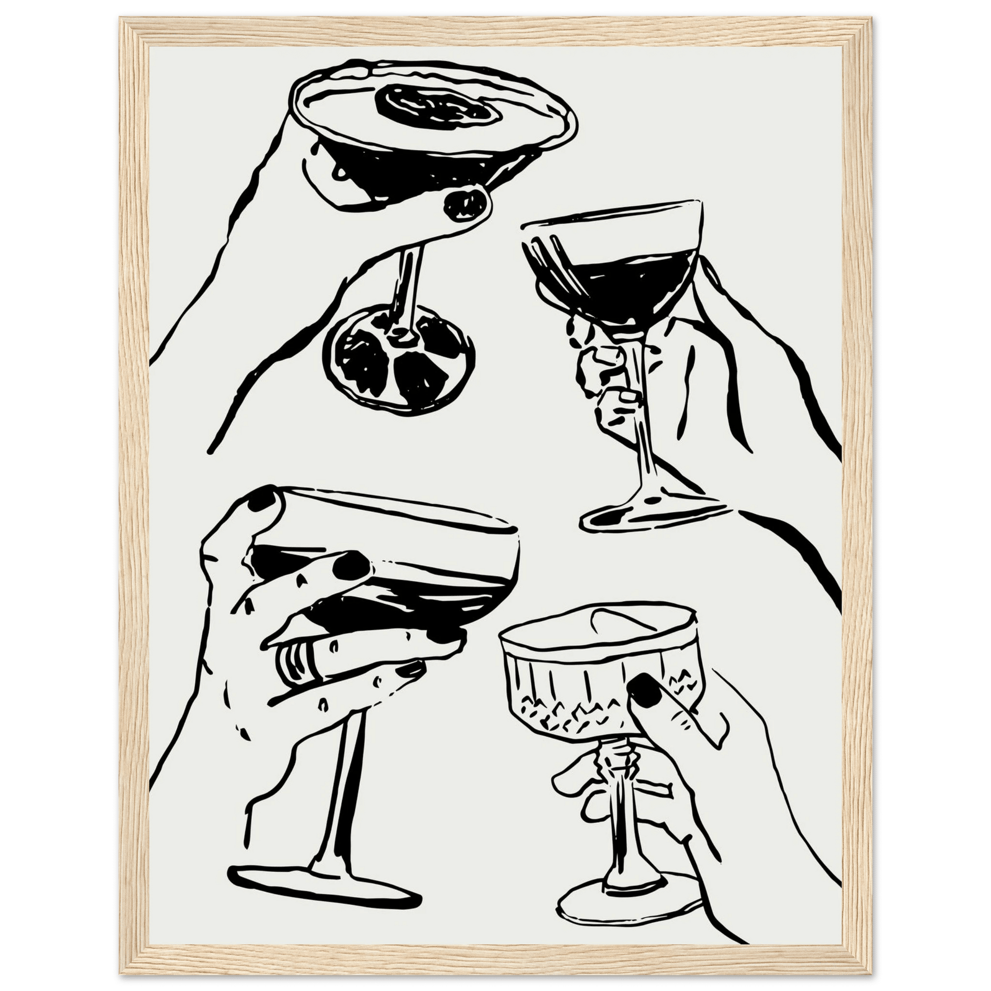 Cheers Print | Black Line Art Cocktail Glasses Wall Art | Kitchen Bar Poster - Evergreen Posters