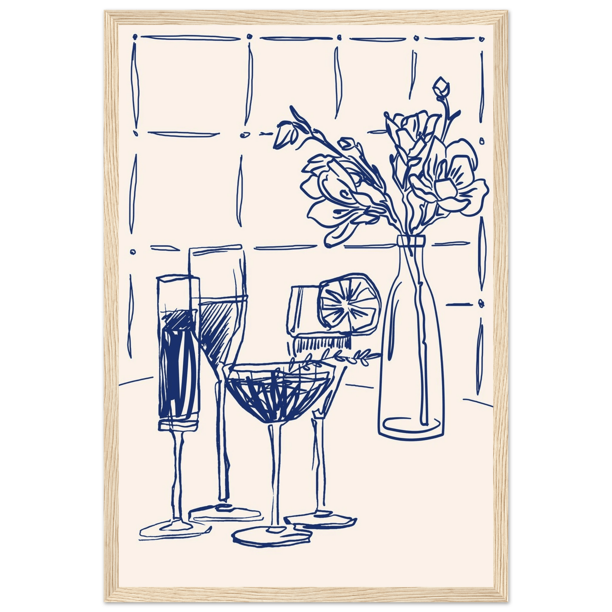 Cocktails & Flowers Print | Navy Blue Line Art Drinks Wall Art | Kitchen Bar Poster - Evergreen Posters