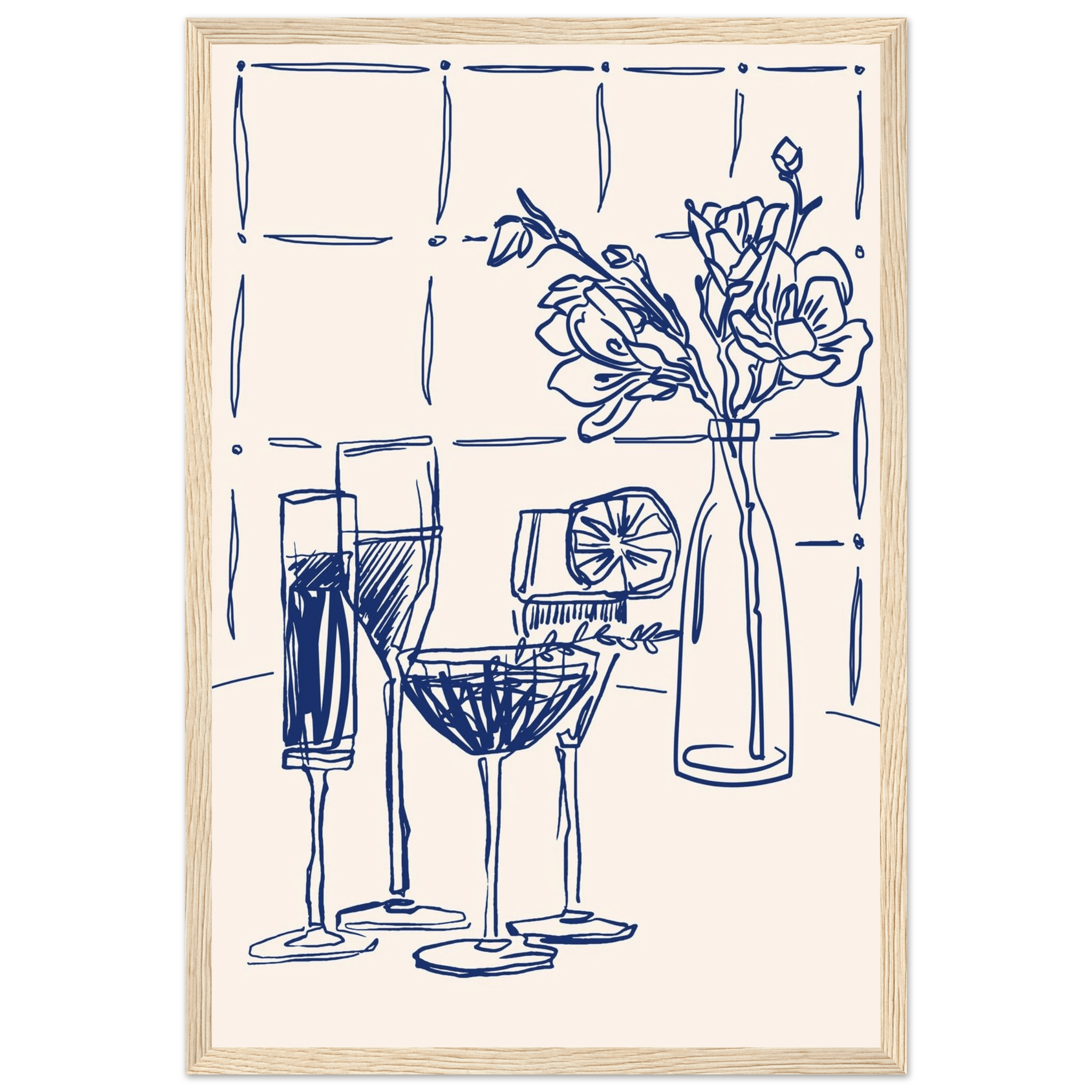 Cocktails & Flowers Print | Navy Blue Line Art Drinks Wall Art | Kitchen Bar Poster - Evergreen Posters