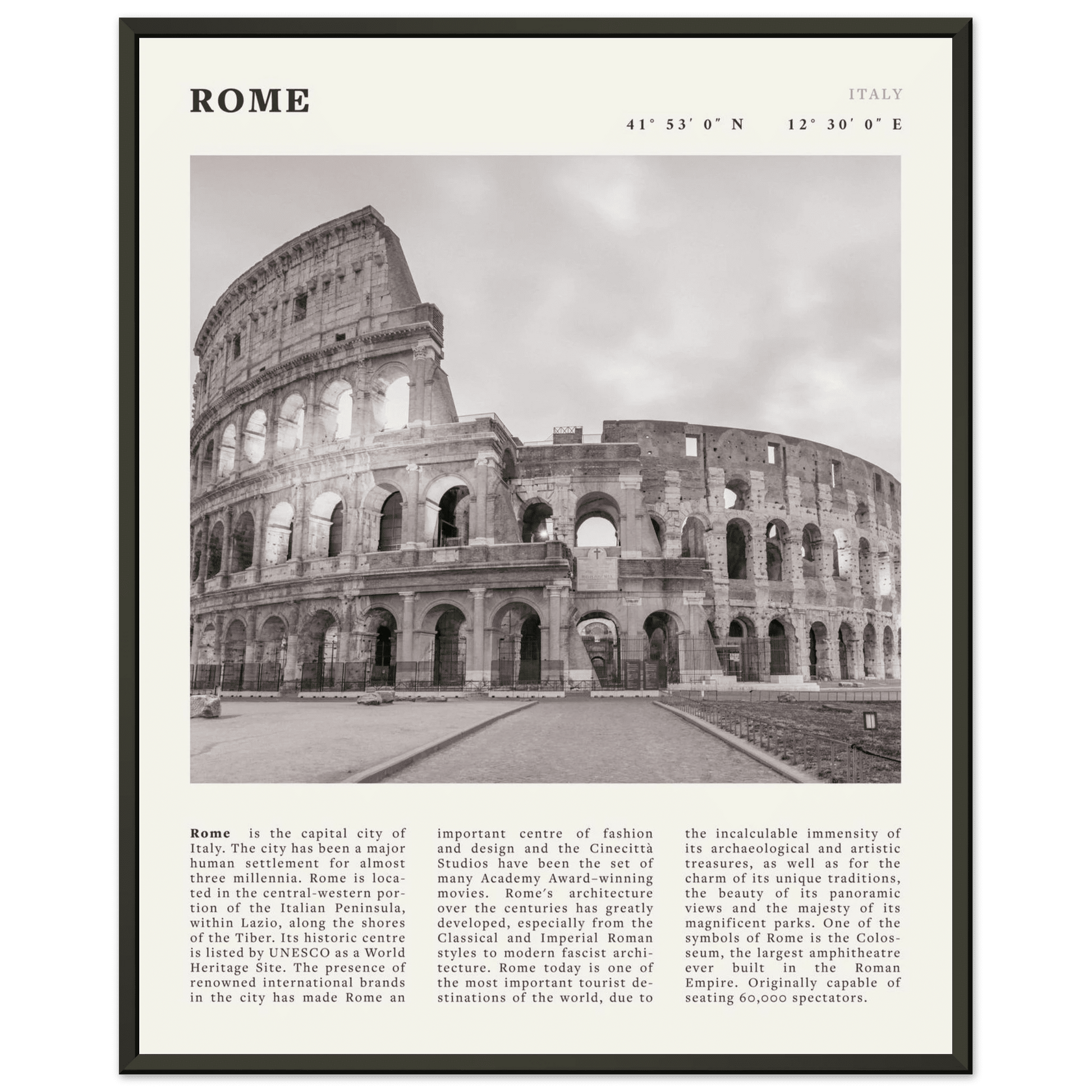 Rome Poster | Black & White Colosseum Wall Art | Italy Travel Print | Roman Decor - Evergreen Posters