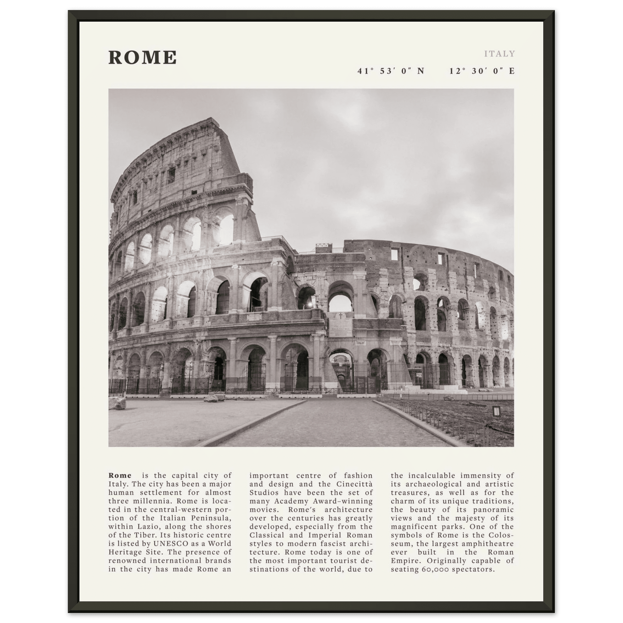 Rome Poster | Black & White Colosseum Wall Art | Italy Travel Print | Roman Decor - Evergreen Posters