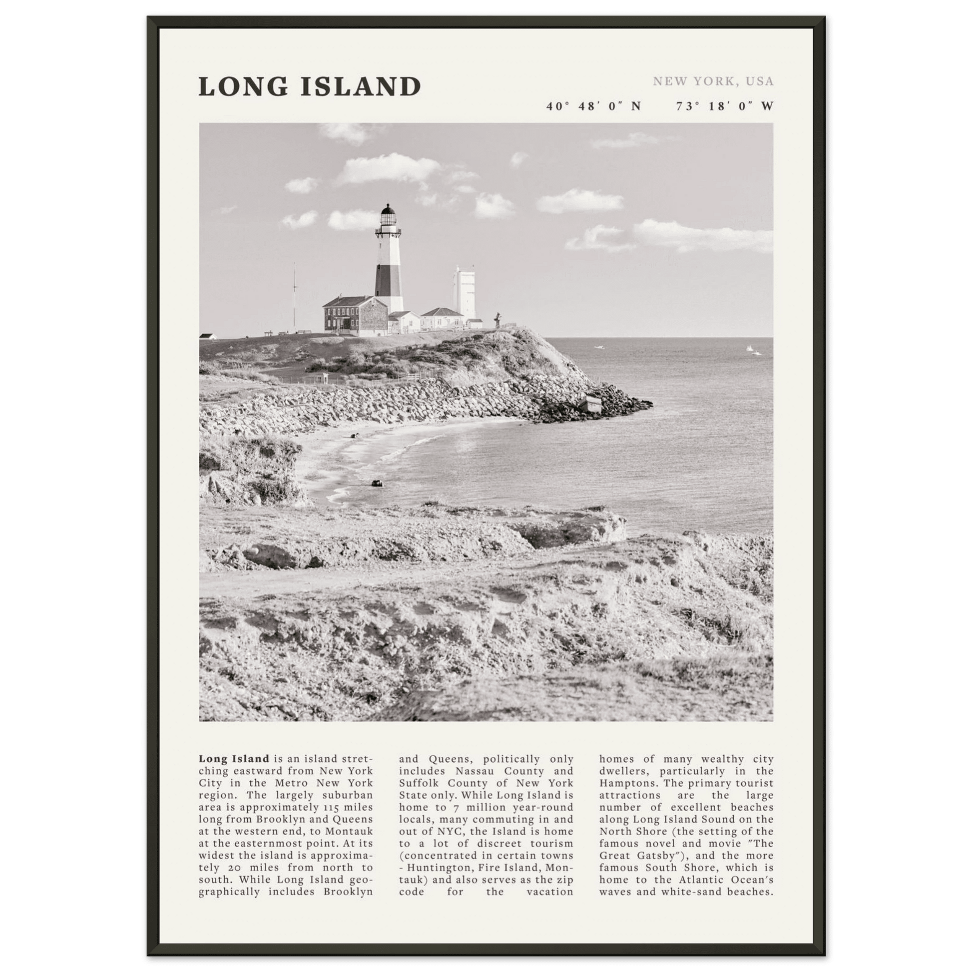 Long Island Poster | Black & White Montauk Lighthouse Wall Art | New York Print - Evergreen Posters