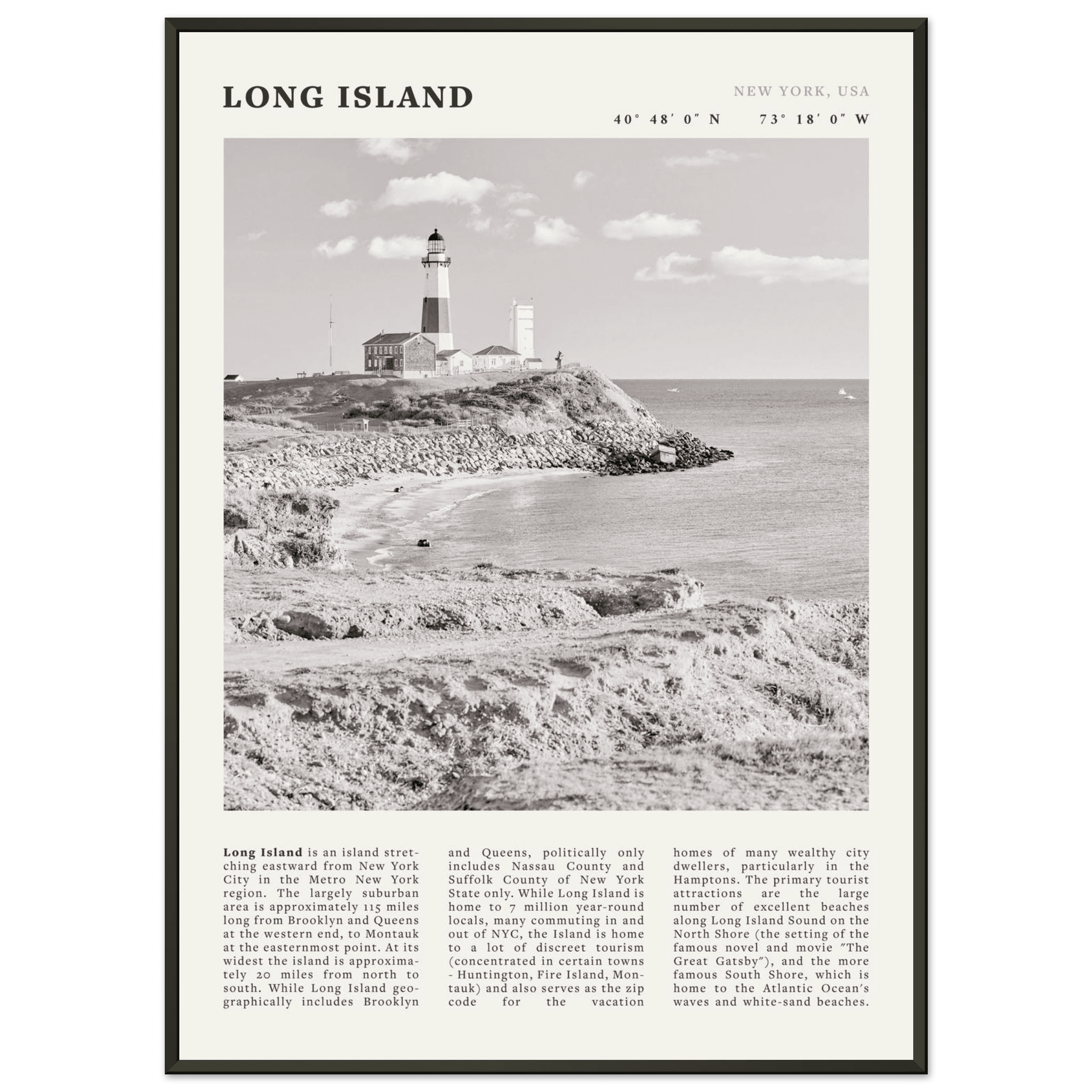 Long Island Poster | Black & White Montauk Lighthouse Wall Art | New York Print - Evergreen Posters